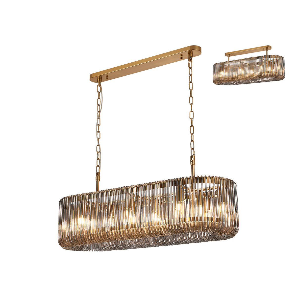 Fabula Hutton 100 x Oval Linear /Semi Pendant Light – 100 cm – Brass & Smoke Glass 100 cm