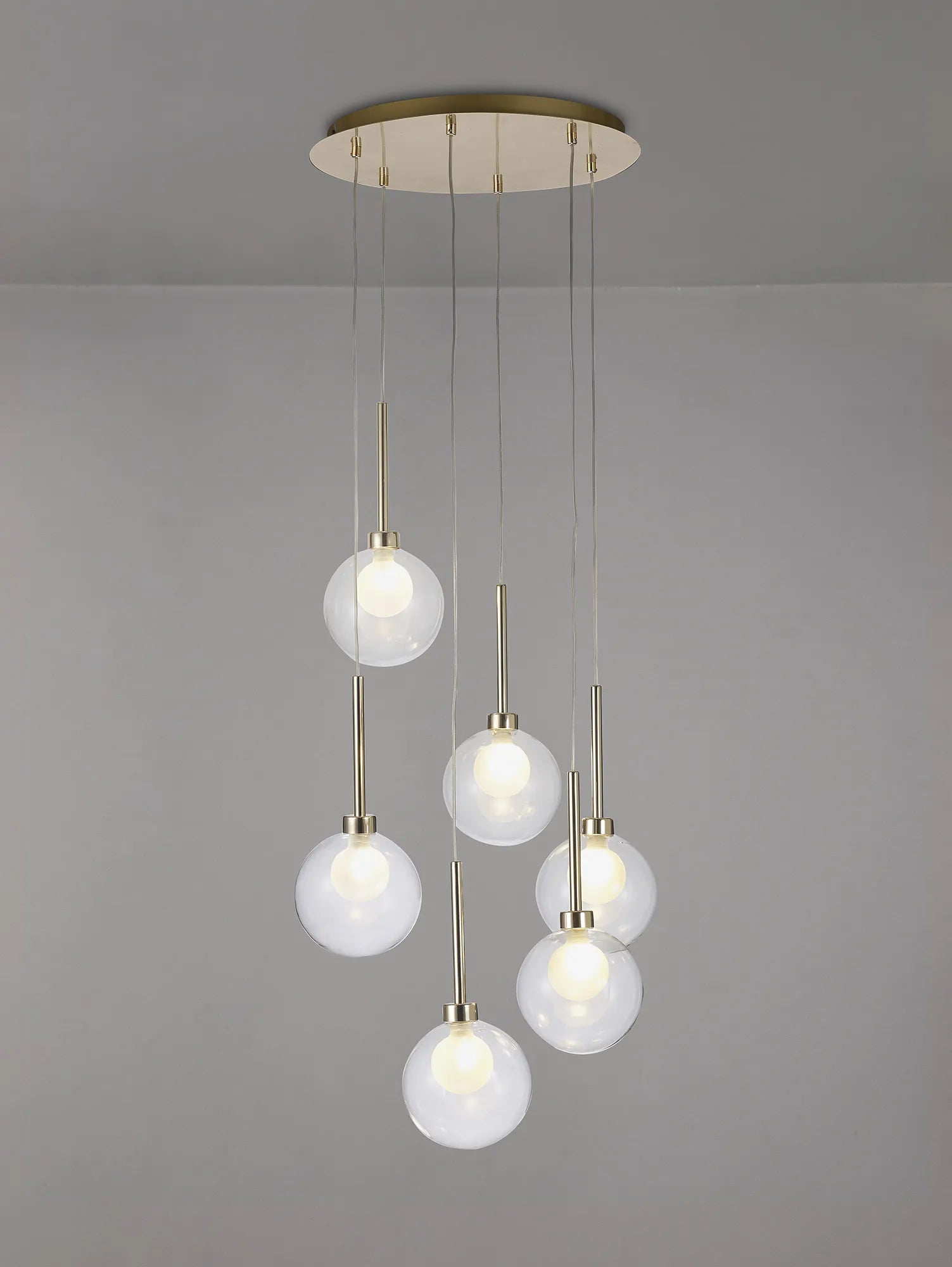 Fabula Tamworth 6 Light Round Pendant - Round Shades with Inner Frosted Globes - French Gold, Clear & Frosted Glass