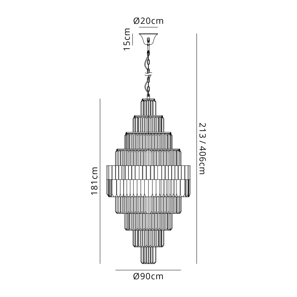 Fabula Cedar Diamond Round 9 Tier 42 Light E14 Pendant Light – 90 cm – Polished Nickel & Clear Sculpted Glass