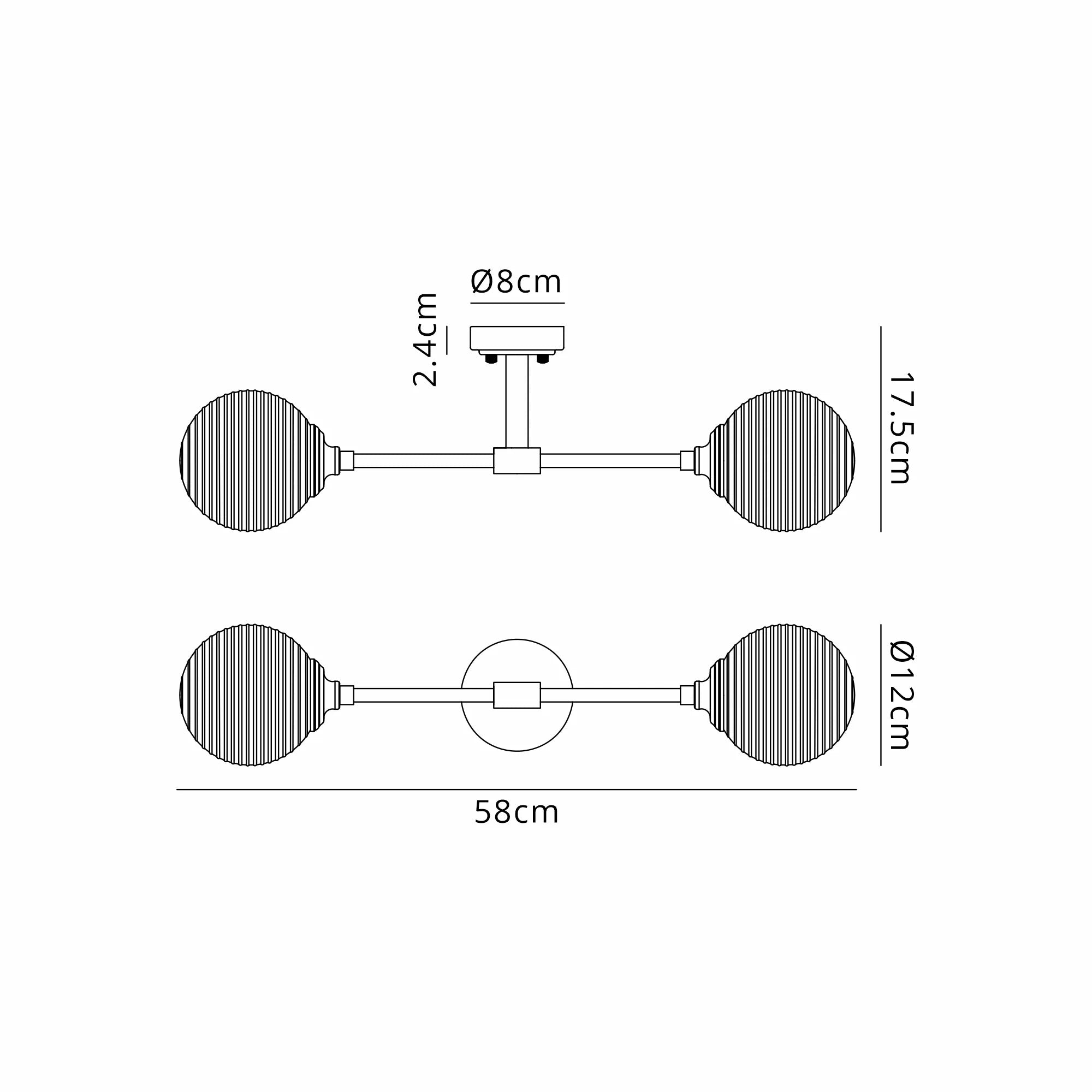 Dene Ceiling & Wall Light - Linear 2 Light - IP44 Satin Black & Glass Ribbed Round Glass