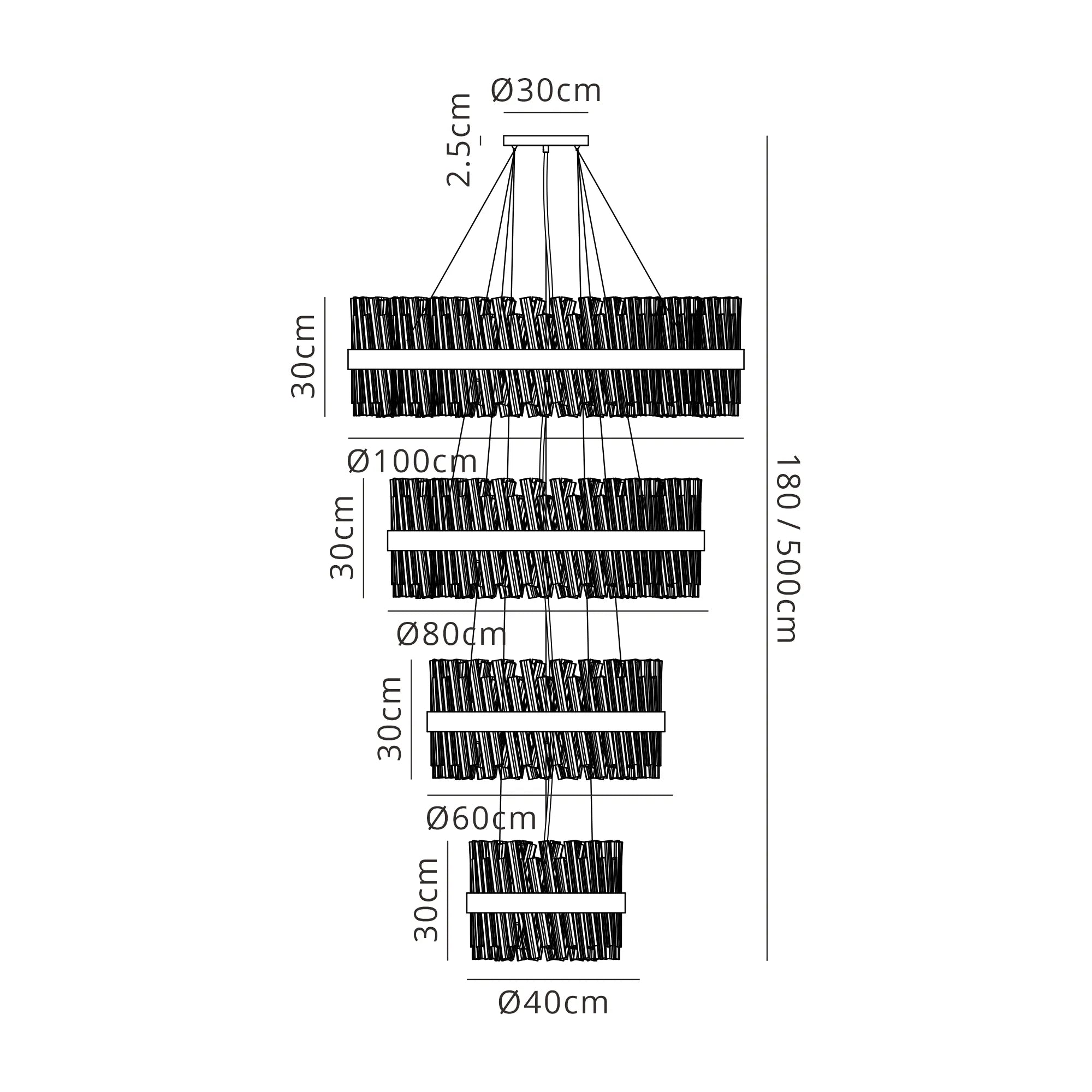 Farnley 4 Tier 1m Pendant 32 Light - Polished Nickel & Amber