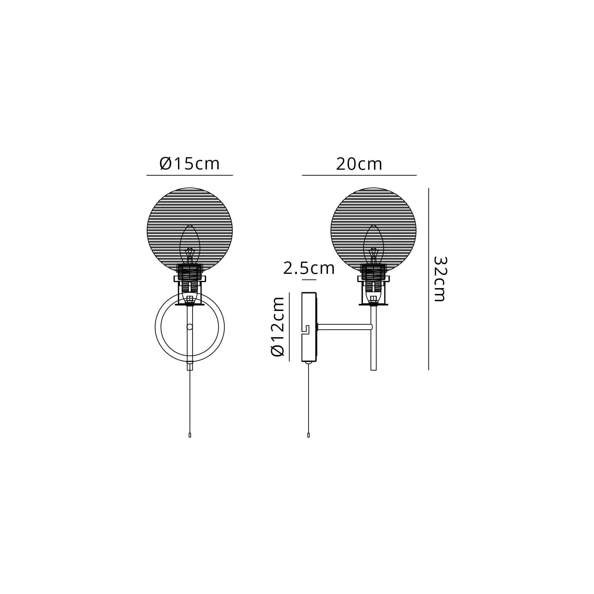 Sycamore Switched Wall Light with 15cm Round Ribbed Glass Shade - Brass, Clear & Satin Black