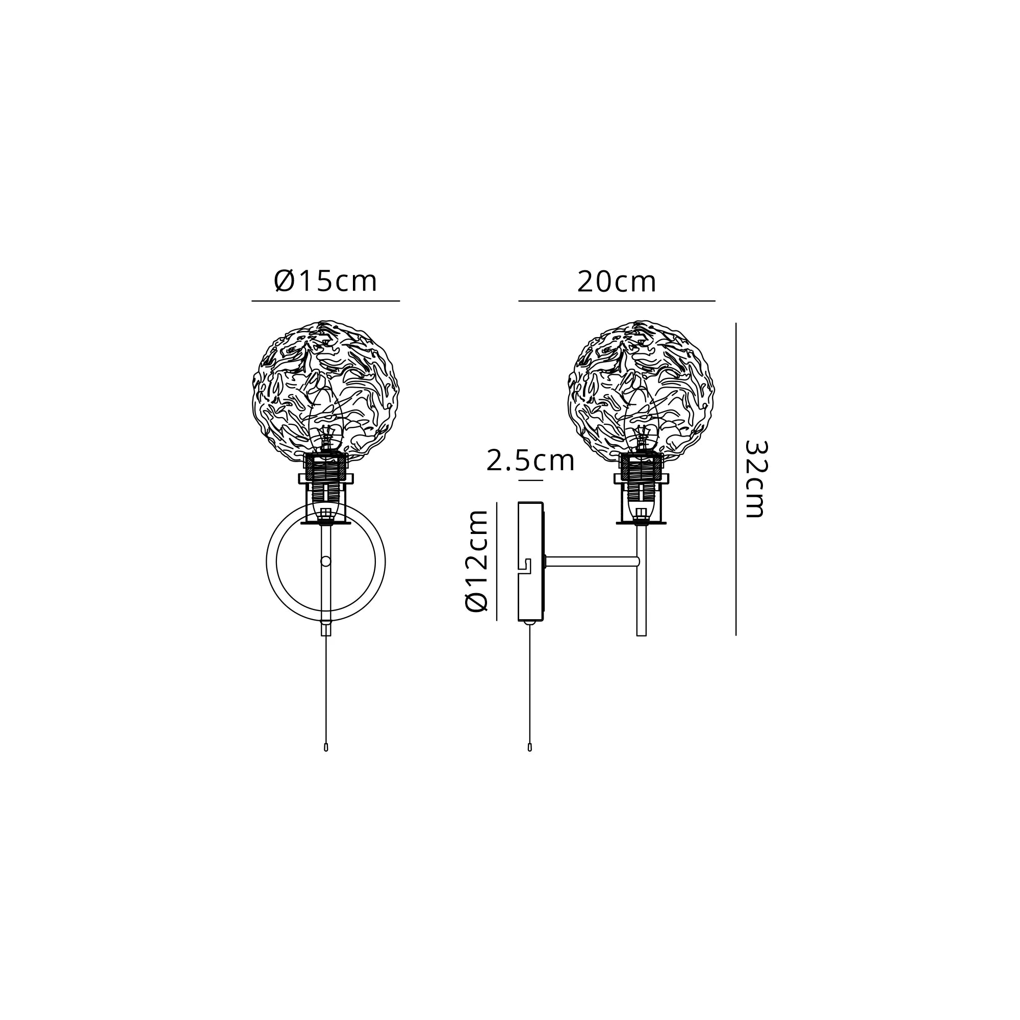 Sycamore Switched Wall Light with 15cm Round Textured Crumple Glass Shade - Satin Nickel, Clear & Satin Black