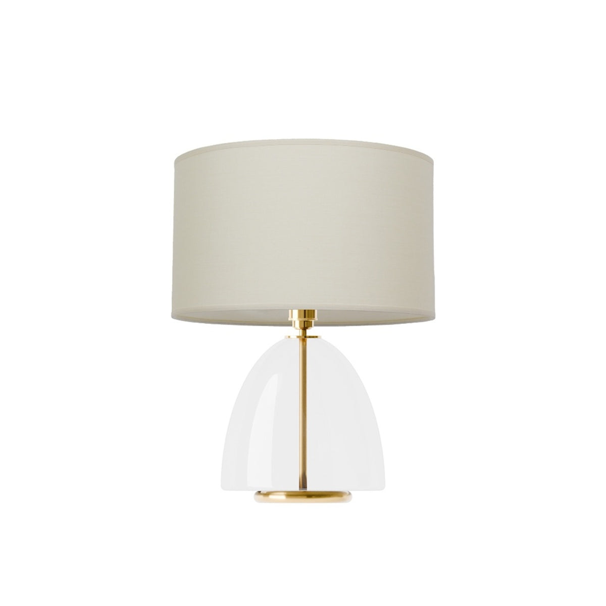 Leverint Balham Table Lamp in clear glass with a slim brass coloured stem visible through the dome, studio shot on white with a cream drum shade (not included)
