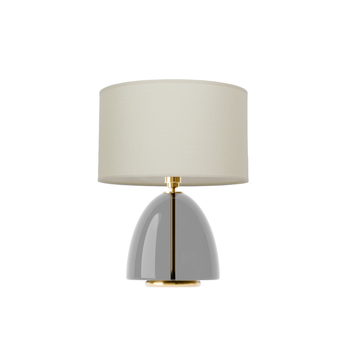 Leverint Balham Table Lamp in smoky transparent black glass with a slim brass coloured stem visible through the dome, studio shot on white with a cream drum shade (not included)