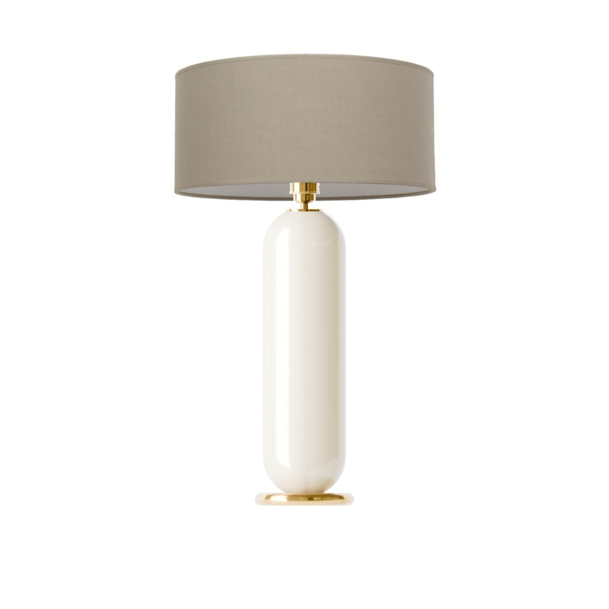 Leverint Bickley Table Lamp in glossy opaque white glass on a brass coloured disc base, studio shot on white with a taupe drum shade (not included)