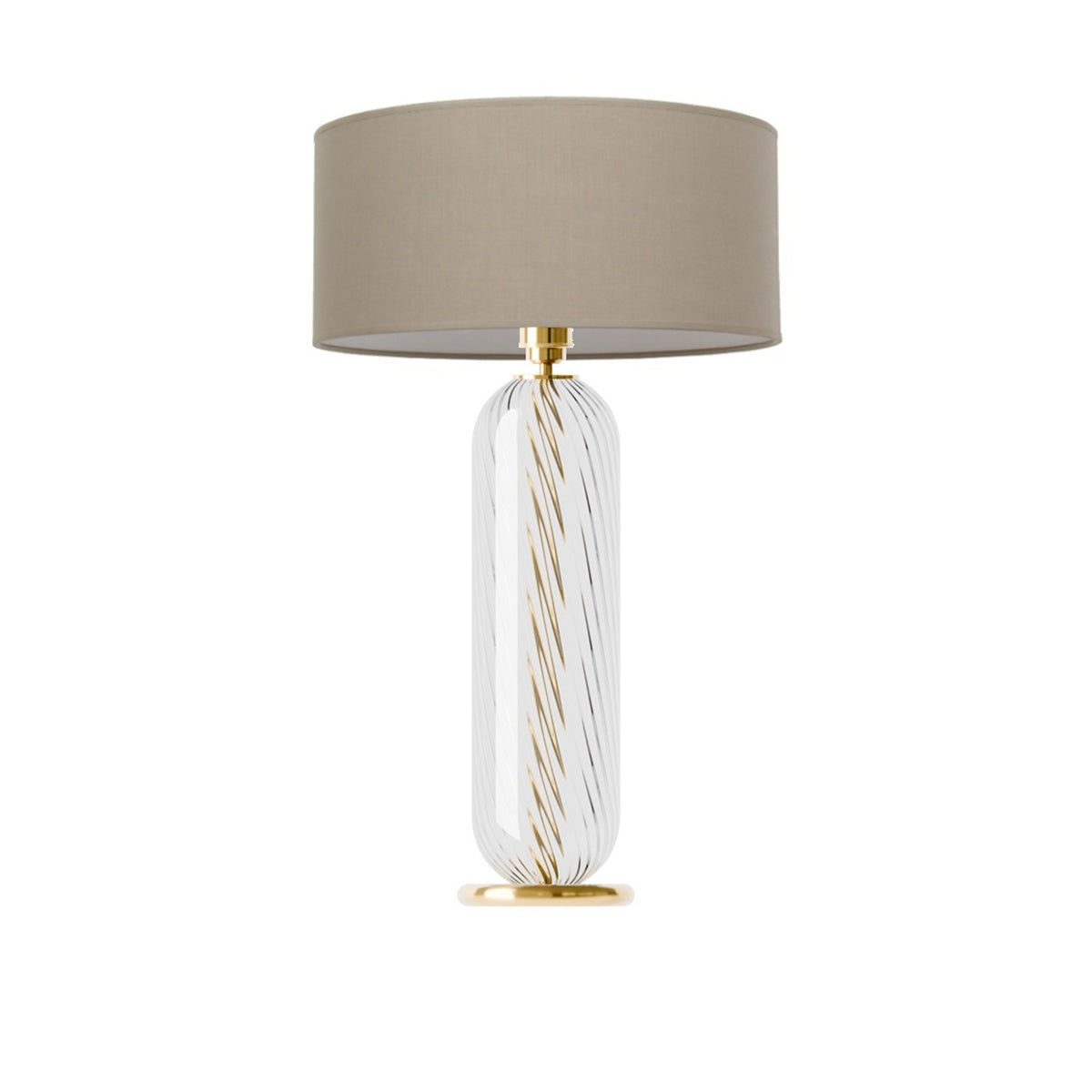 Leverint Bickley Table Lamp in ribbed twist glass with diagonal twisted ribs, studio shot on white with a taupe drum shade (not included)