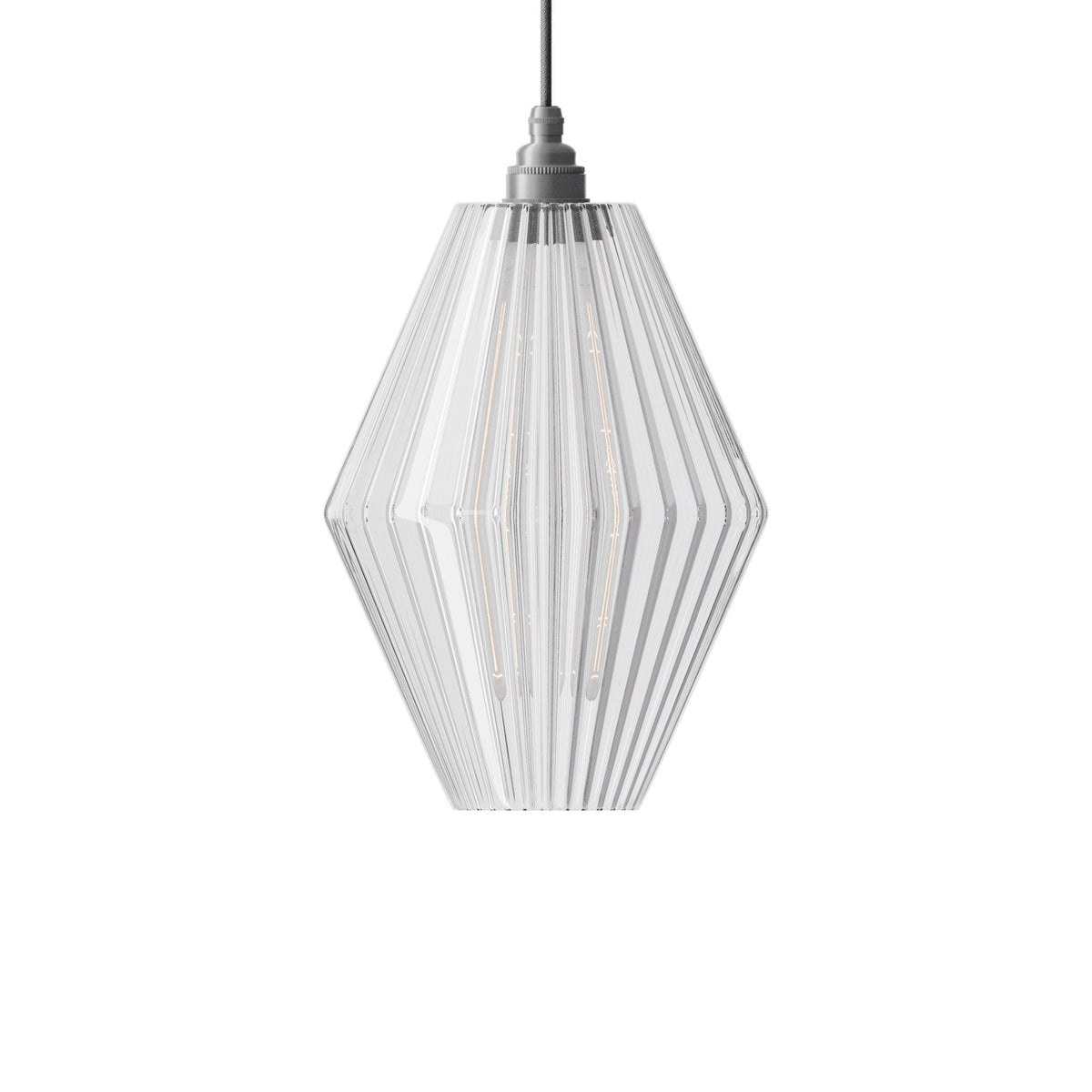 Leverint Canary Medium pendant in clear ribbed glass with a tall diamond shaped shade, silver toned metal fitting and grey fabric flex, studio shot on white