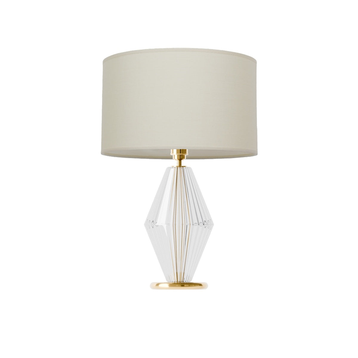 Leverint Canary Table Lamp in ribbed glass, a diamond shaped body with a slim brass coloured stem and disc base, studio shot on white with a cream drum shade (not included)