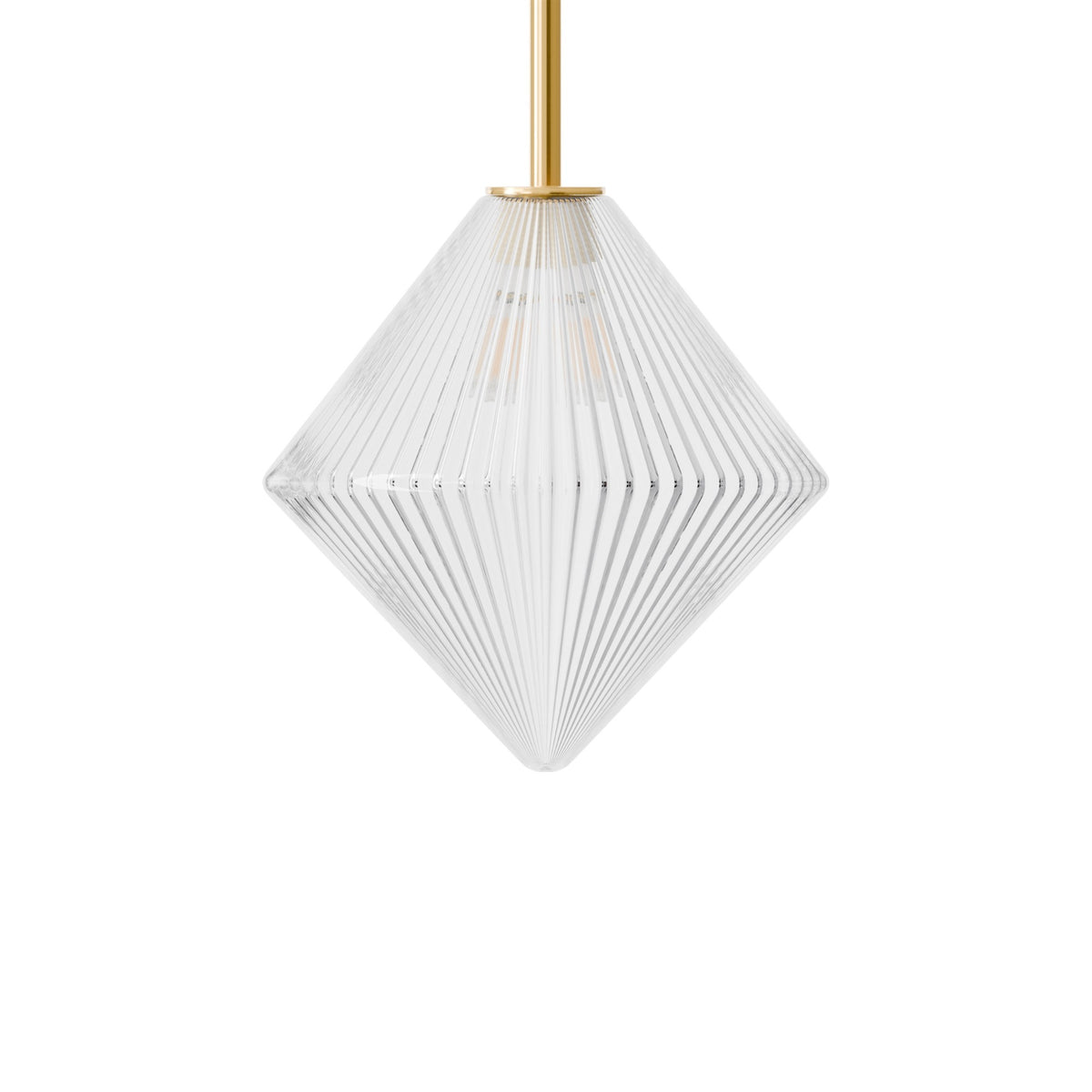 Leverint Canary Sealed Rod Pendant in fine ribbed glass with a pointed faceted shape on a polished brass rod, studio shot on white