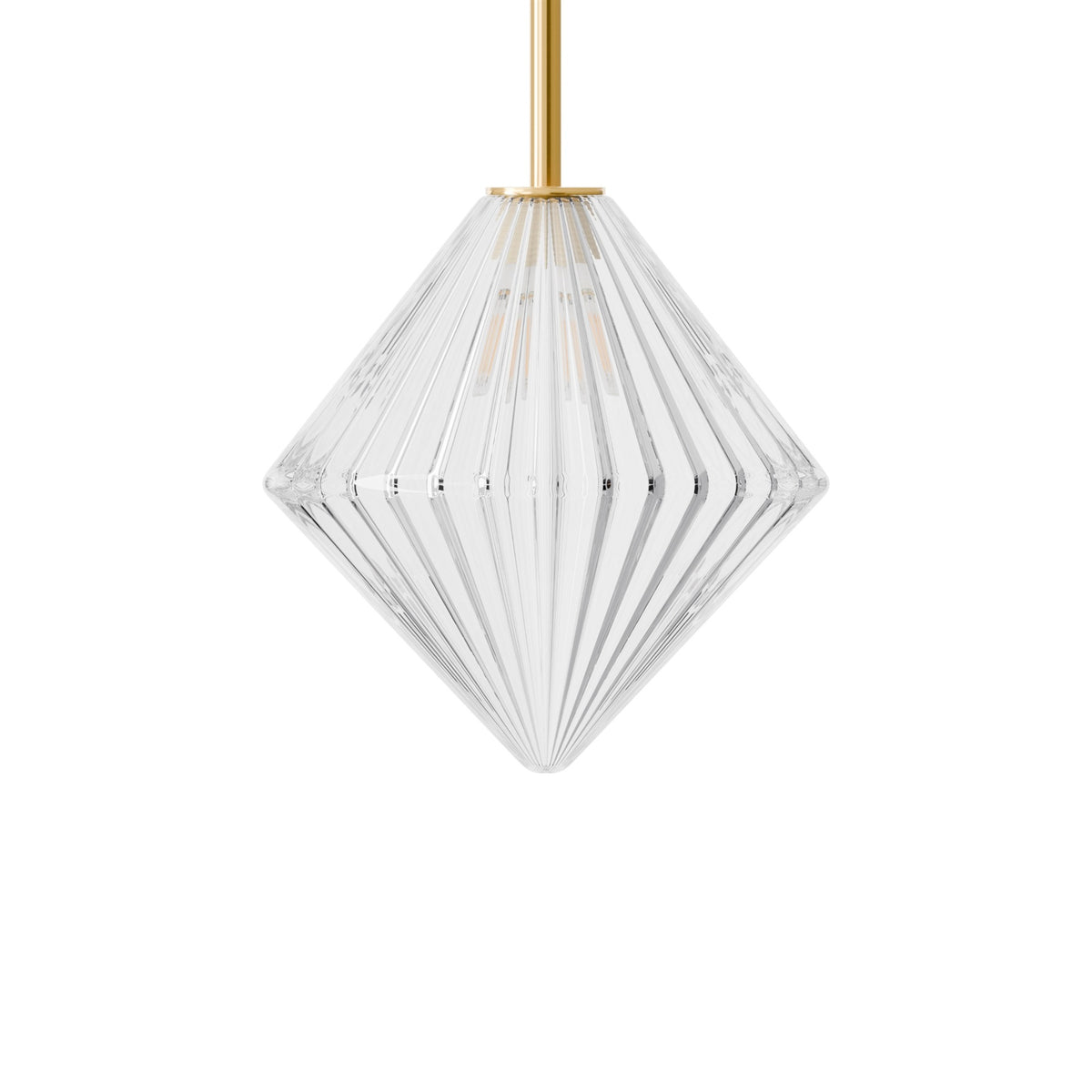 Leverint Canary Sealed Rod Pendant in ribbed glass with broad ribs and a pointed faceted shape on a polished brass rod, studio shot on white