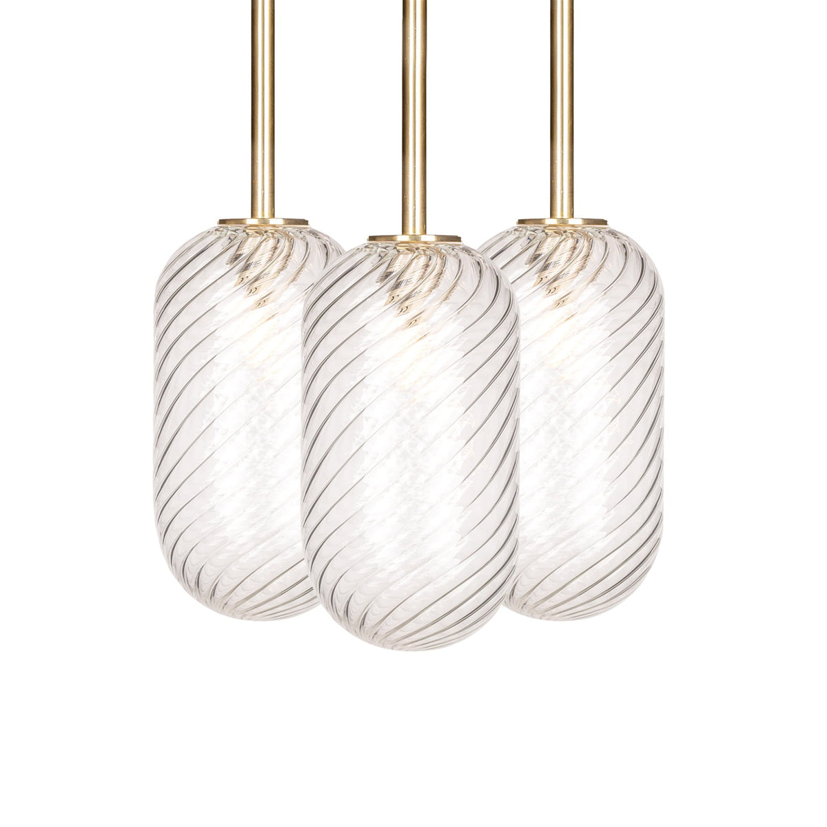 Leverint Charlton Flush Cluster 3 Way Rod, three capsule shaped clear glass shades with a spiral twist on brass coloured rods, studio shot on white