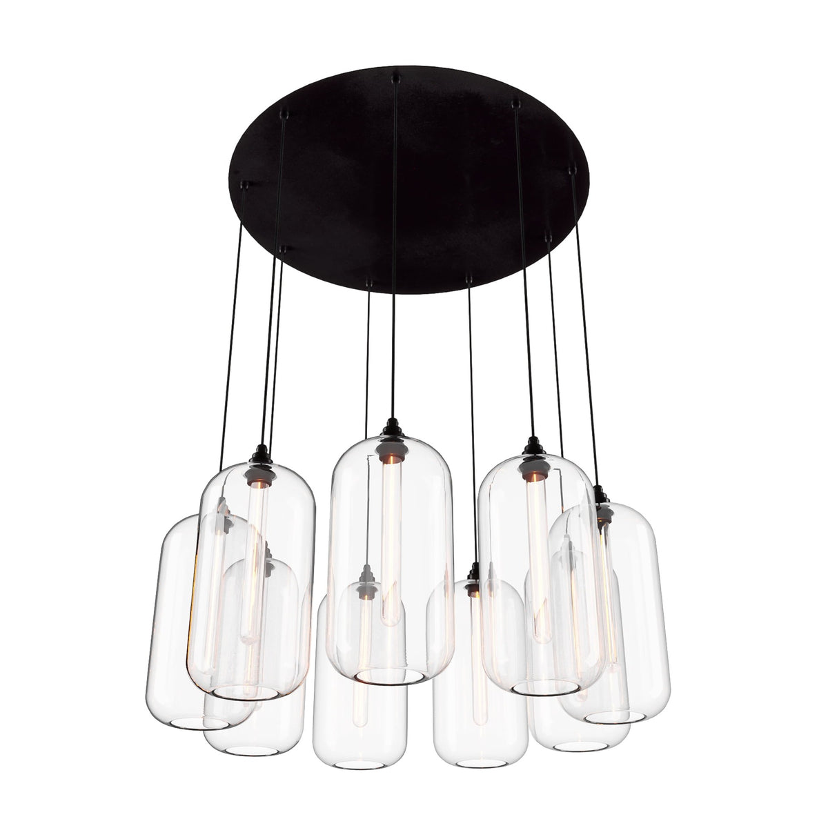 Leverint Charlton Flush Cluster 9 Way, studio shot on white of nine clear glass capsule shaped pendants hanging at staggered heights from a round black ceiling plate on black flex