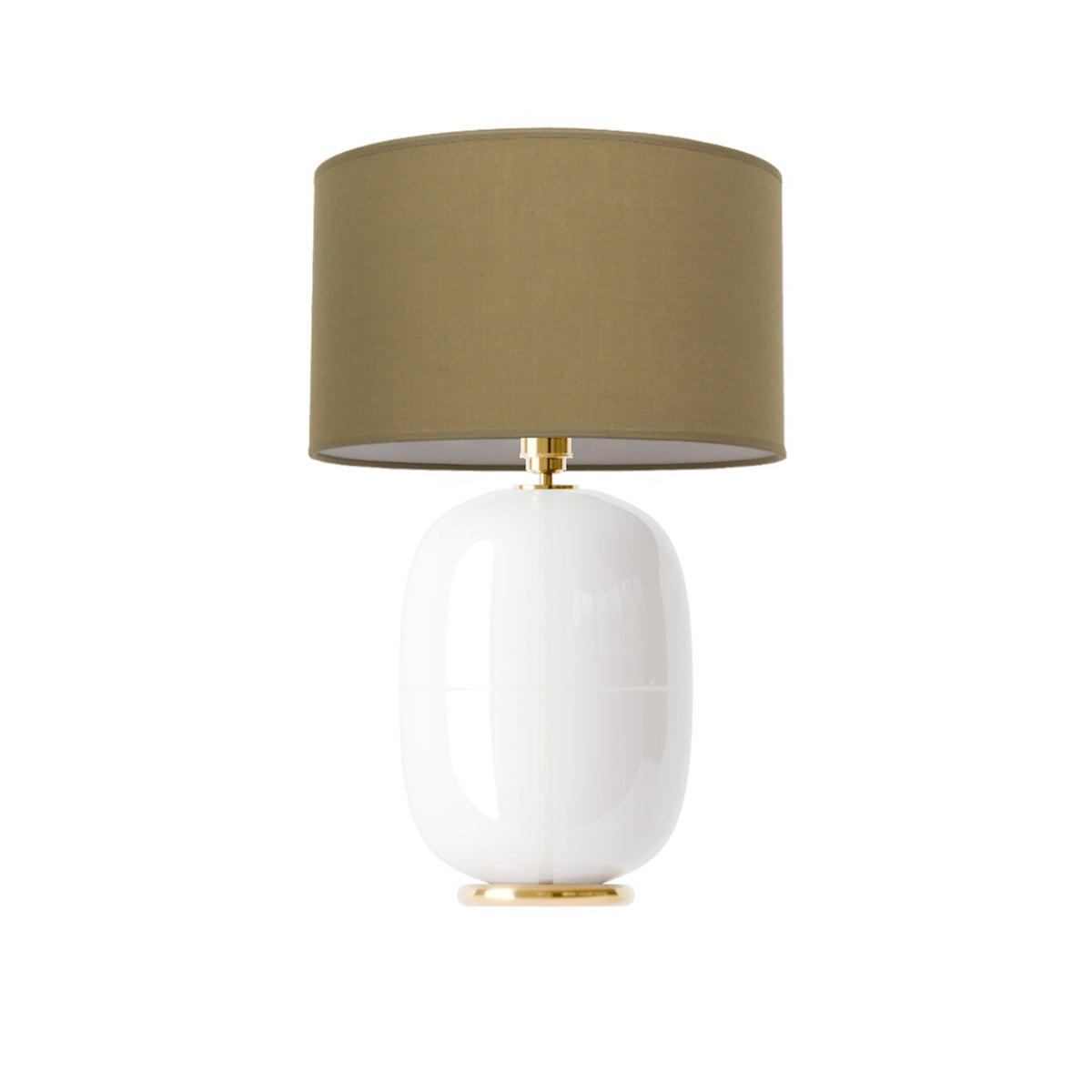Leverint Charlton Table Lamp in glossy opaque white glass on a brass coloured disc base, studio shot on white with an olive drum shade (not included)
