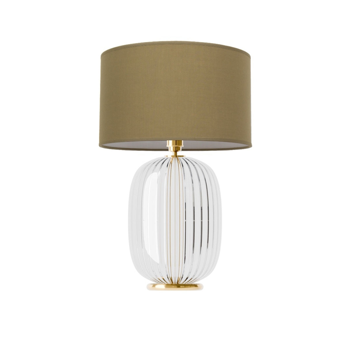 Leverint Charlton Table Lamp in ribbed glass, a rounded body with vertical ribs on a brass coloured disc base, studio shot on white with an olive drum shade (not included)