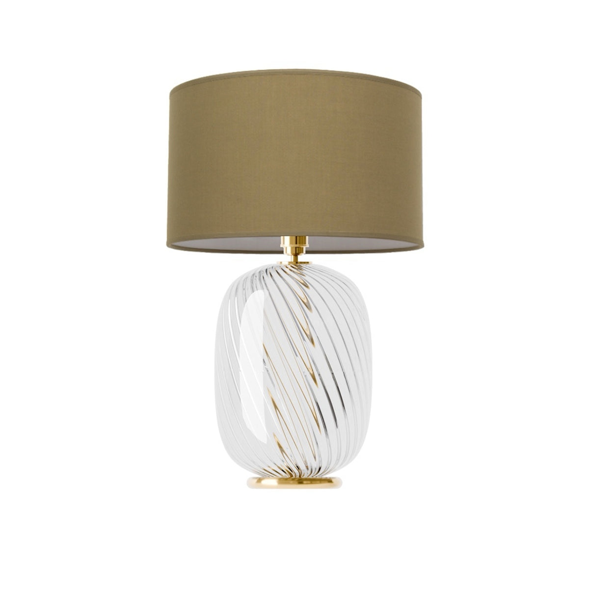 Leverint Charlton Table Lamp in ribbed twist glass with bold diagonal twisted ribs, studio shot on white with an olive drum shade (not included)