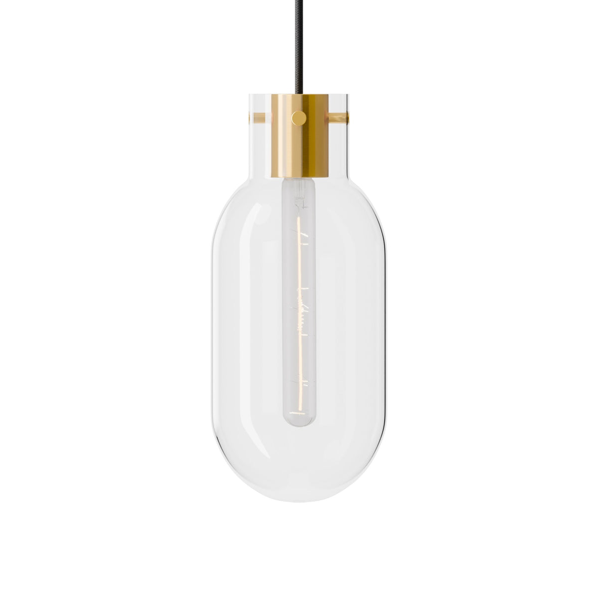 Leverint Charlton V2 pendant in clear glass with a brass toned collar and a long tubular filament bulb visible inside, studio shot on white