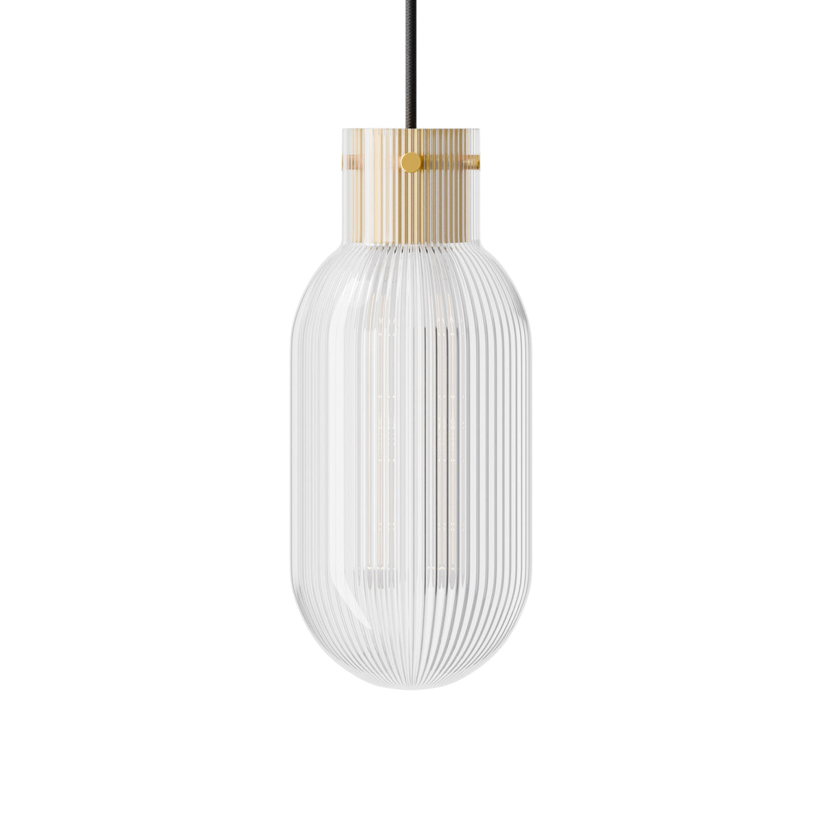 Leverint Charlton V2 pendant in fine ribbed glass with close set vertical ribbing and a brass toned collar, studio shot on white