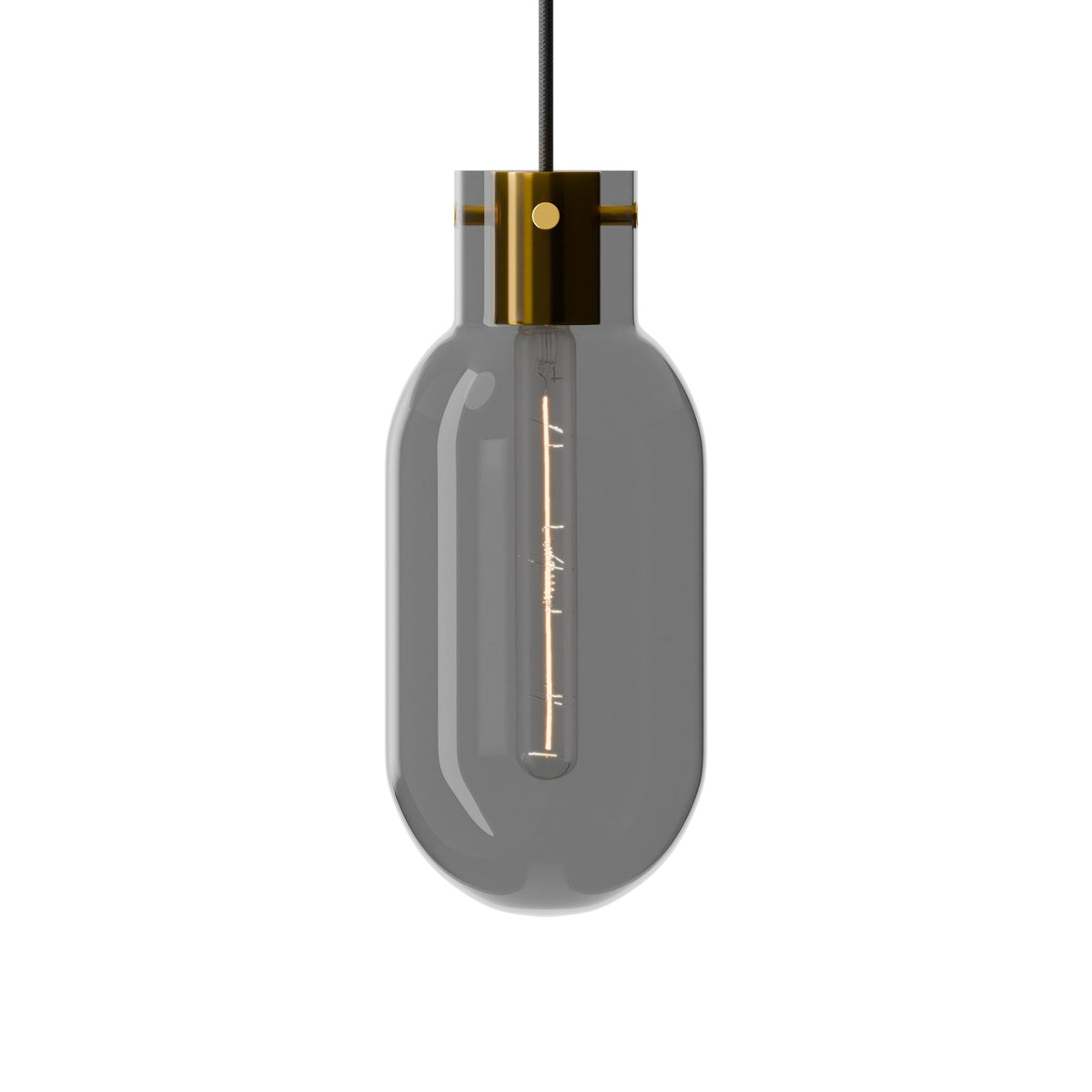 Leverint Charlton V2 pendant in smoky transparent black glass with a brass toned collar and a long tubular filament bulb visible inside, studio shot on white