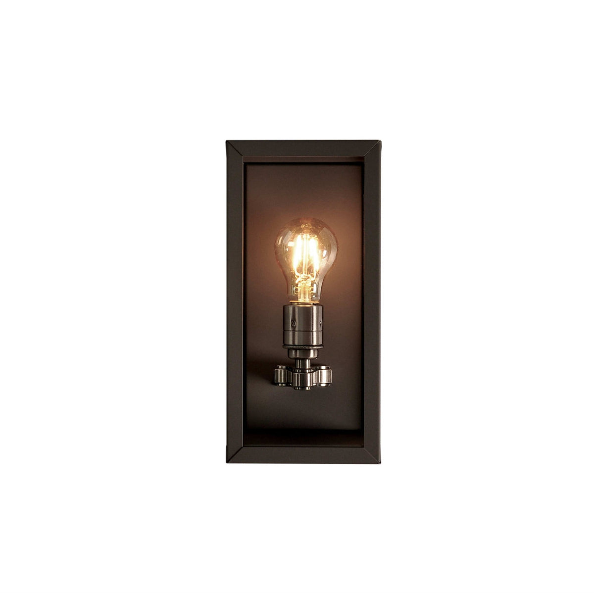 Leverint Chelsea Small Wall Lantern in antique black, studio shot on white of the glass fronted box lantern with a lit filament bulb