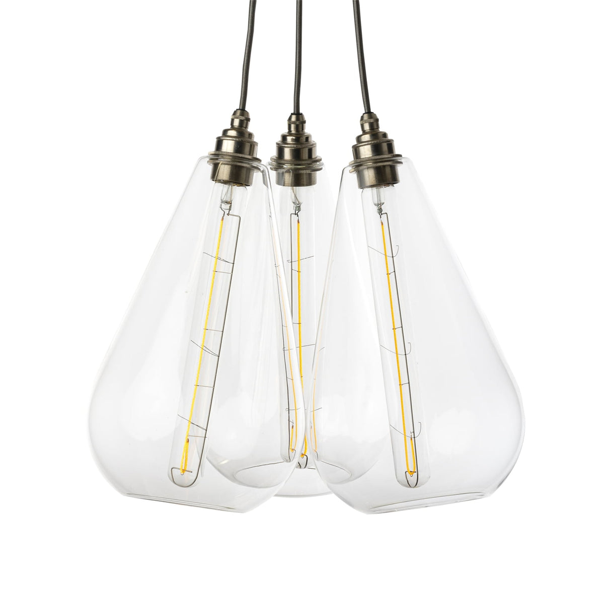 Leverint Kingston Bunched Cluster 3 Way with three clear glass teardrop pendants hung close together, nickel toned lamp holders, grey fabric flex and long filament bulbs, studio shot on white