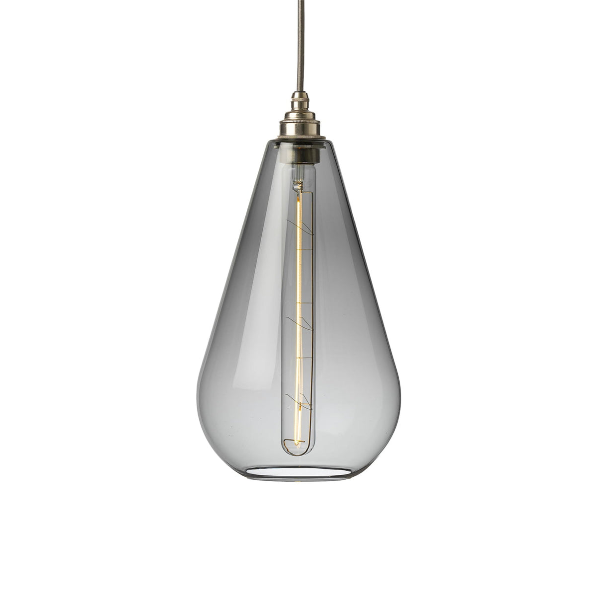 Leverint Kingston teardrop pendant in smoky transparent black glass with a nickel toned fitting and grey cable, studio shot on white