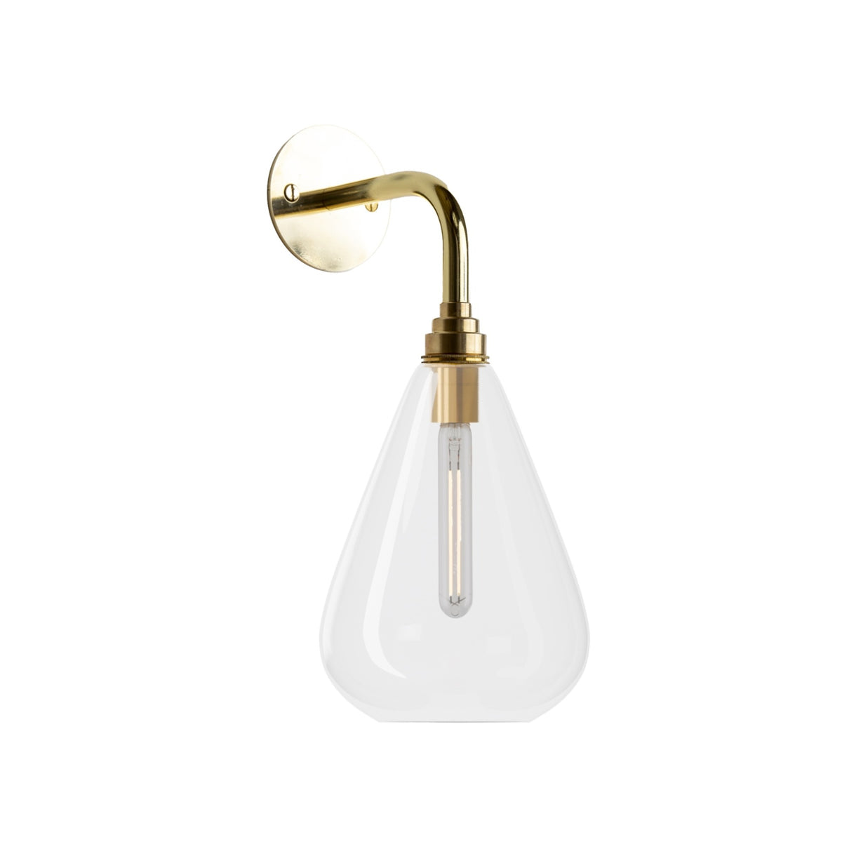 Leverint Kingston Wall Light in clear glass on a polished brass arm, with the filament bulb visible inside the shade, studio image on white