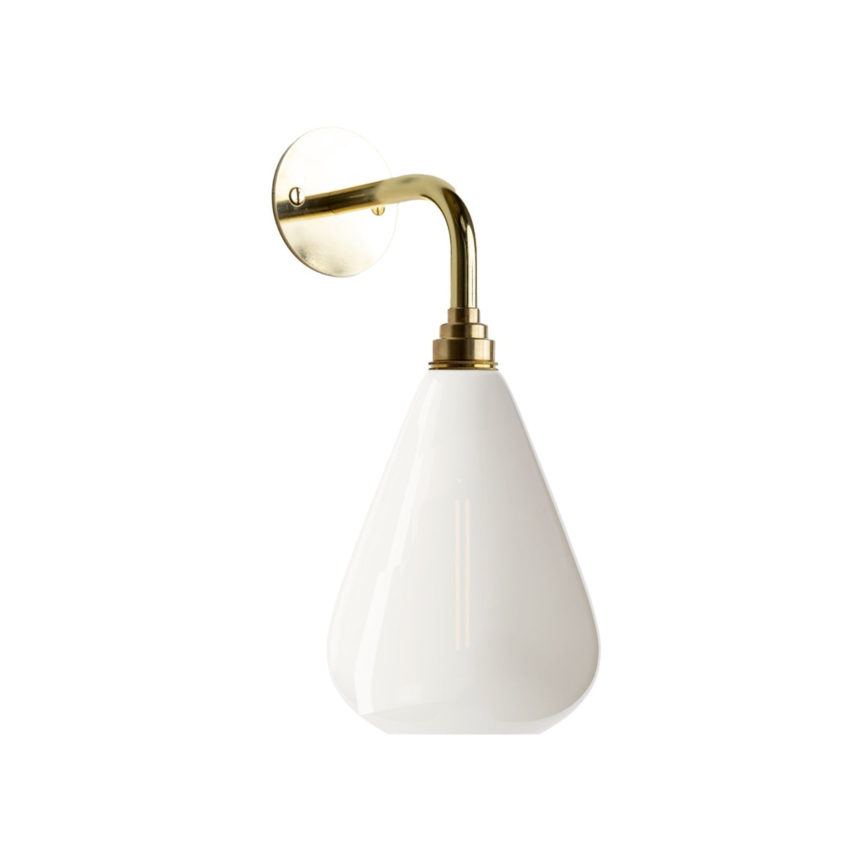Leverint Kingston Wall Light in opaque white glass on a polished brass arm, studio image on white