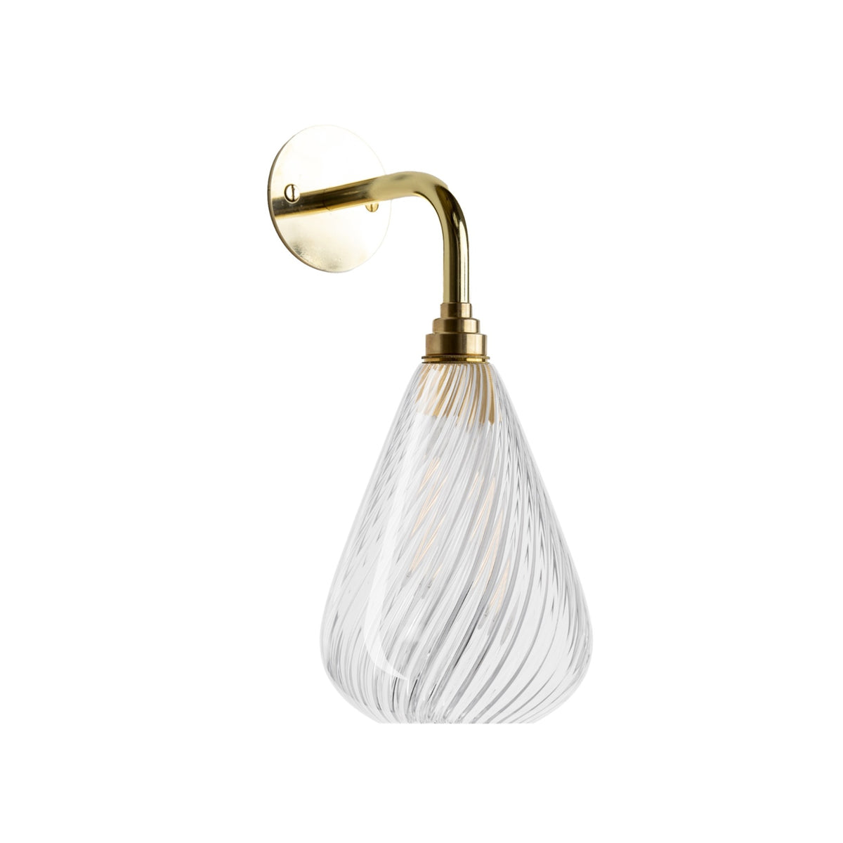 Leverint Kingston Wall Light in ribbed twist glass with bold diagonal ribs on a polished brass arm, studio image on white