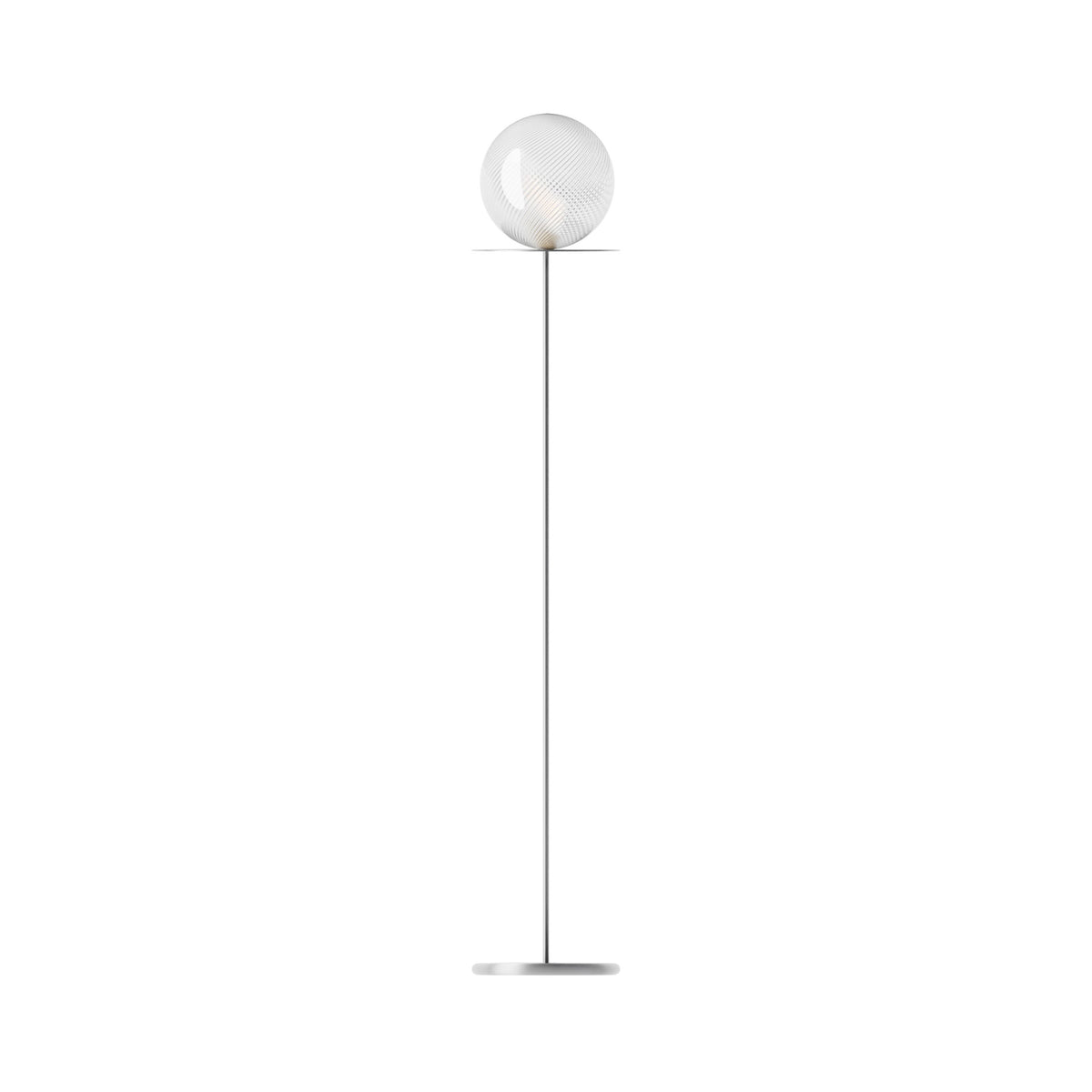 Leverint Marble Floor Lamp with a fine ribbed twist glass globe showing fine diagonal spiral ribs, on a slim metal stem, studio shot on white
