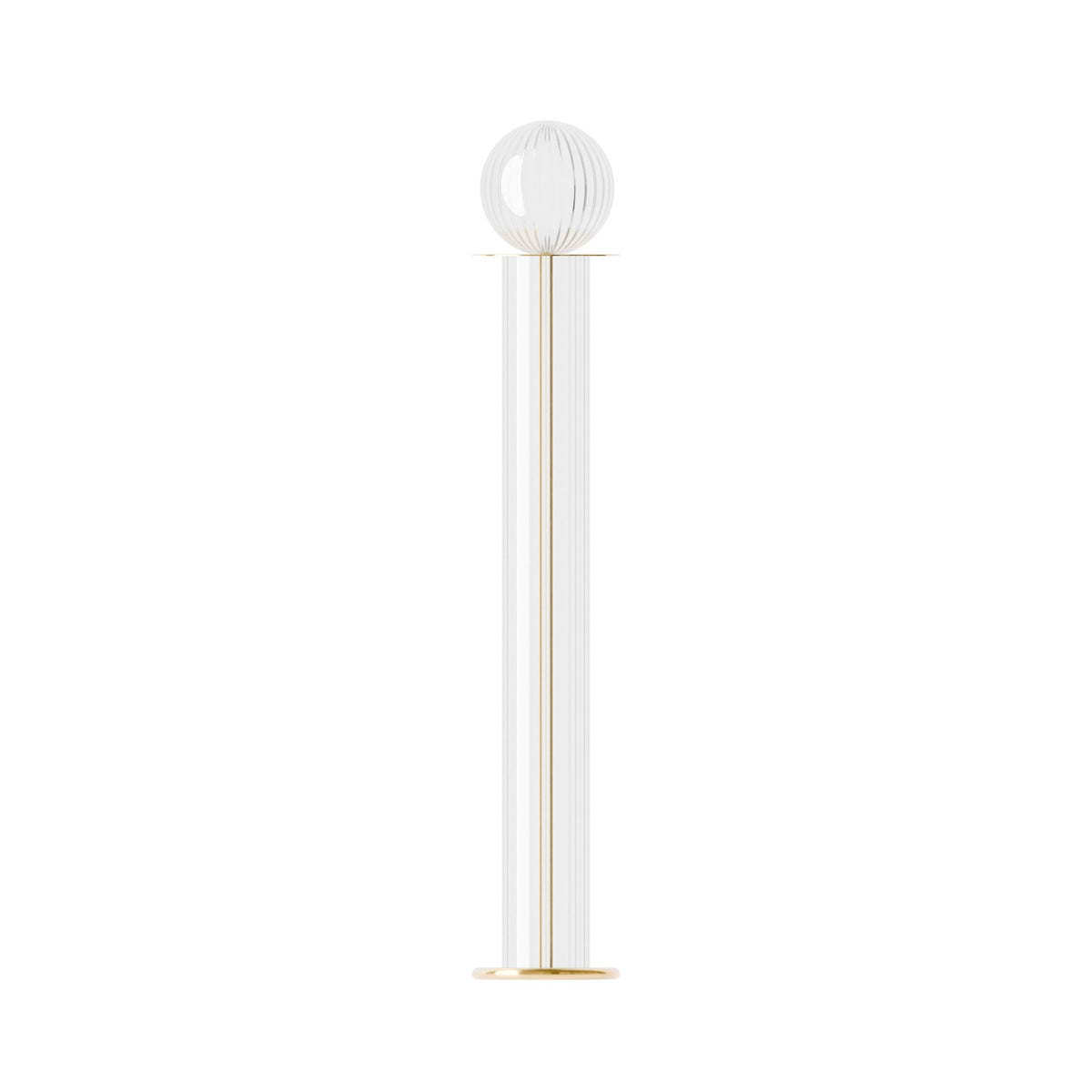 Leverint Marble V2 Floor Lamp with a ribbed glass globe on a tall ribbed glass column with a thin brass coloured line down the front and a round base, studio shot on white