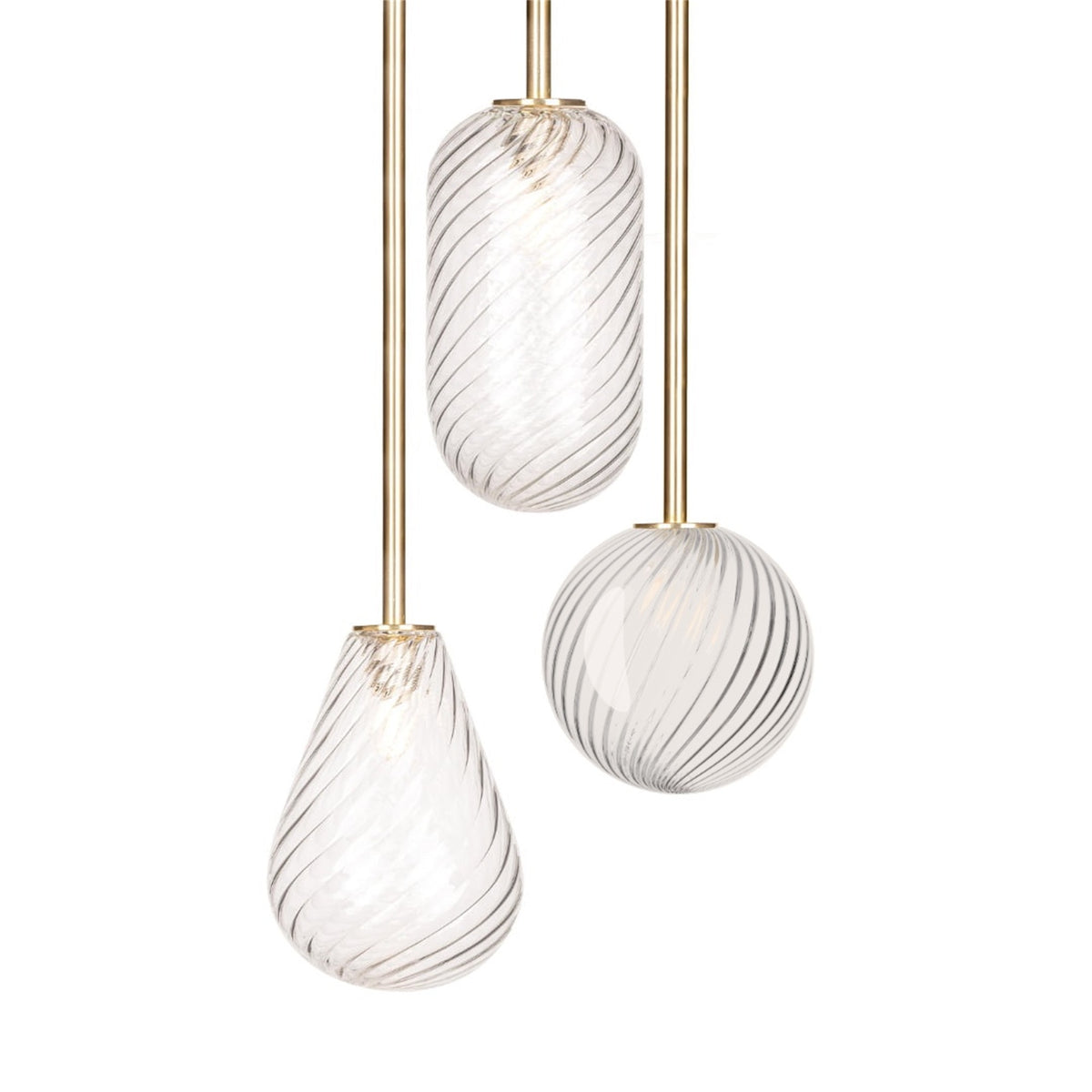 Leverint mixed cascade sealed cluster of three swirled twist glass shades, a capsule, a pear and a globe, on brass toned rods at different heights, studio shot on white