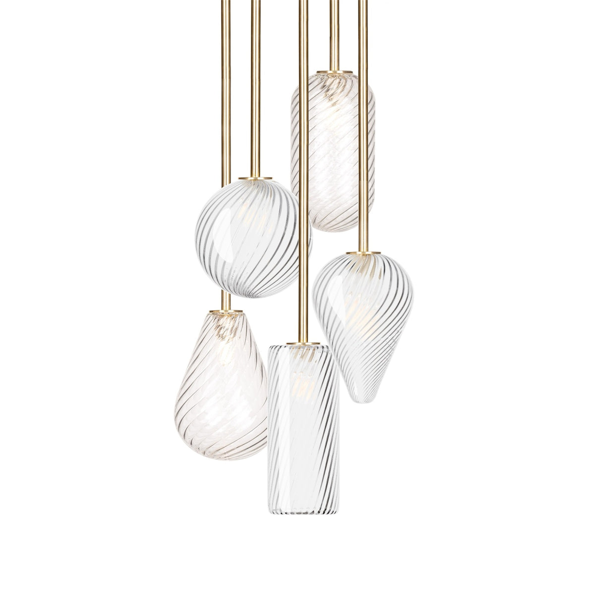 Leverint Mixed Cascade Sealed Cluster 5 Way Rod, studio shot on white of five twisted clear glass shades in different shapes hanging at different heights on brass toned rods