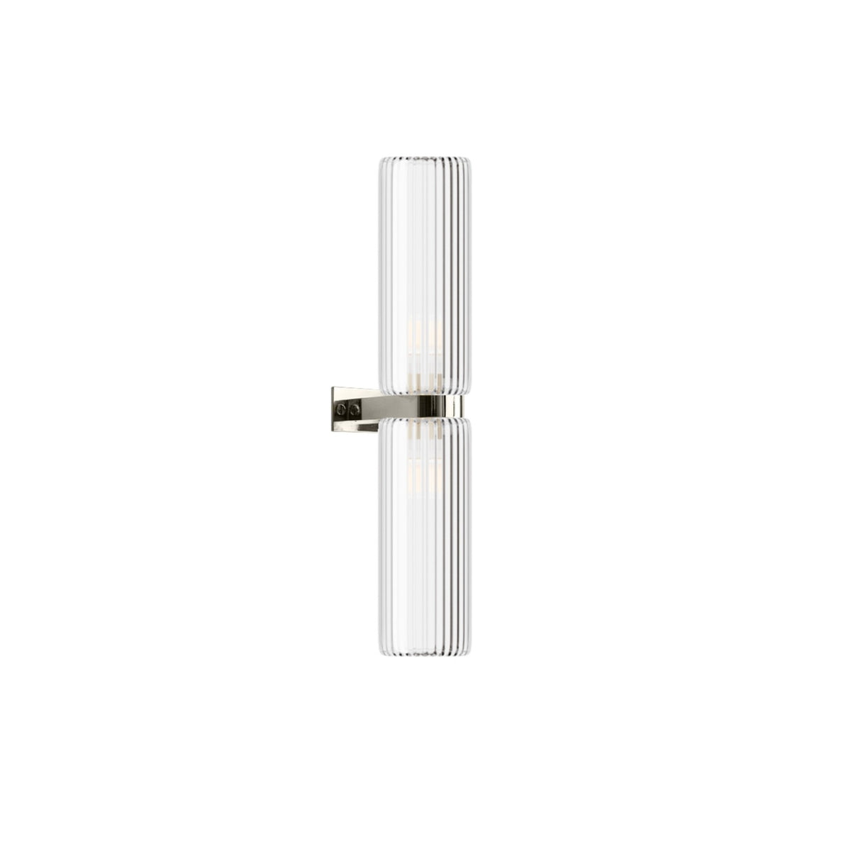 Leverint Piccadilly Duo Deco Wall Light with two ribbed glass cylinders stacked on a polished nickel bracket, studio image on white