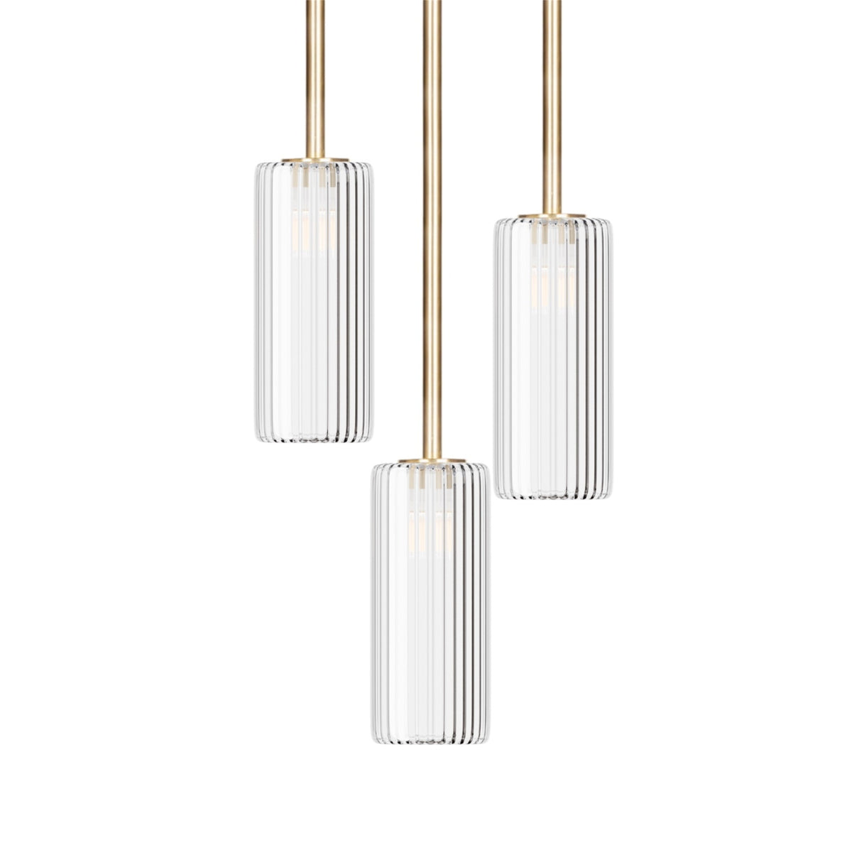 Leverint Piccadilly Sealed Cluster 3 Way Rod, studio shot on white of three ribbed clear glass cylinders hanging at different heights on brass toned rods