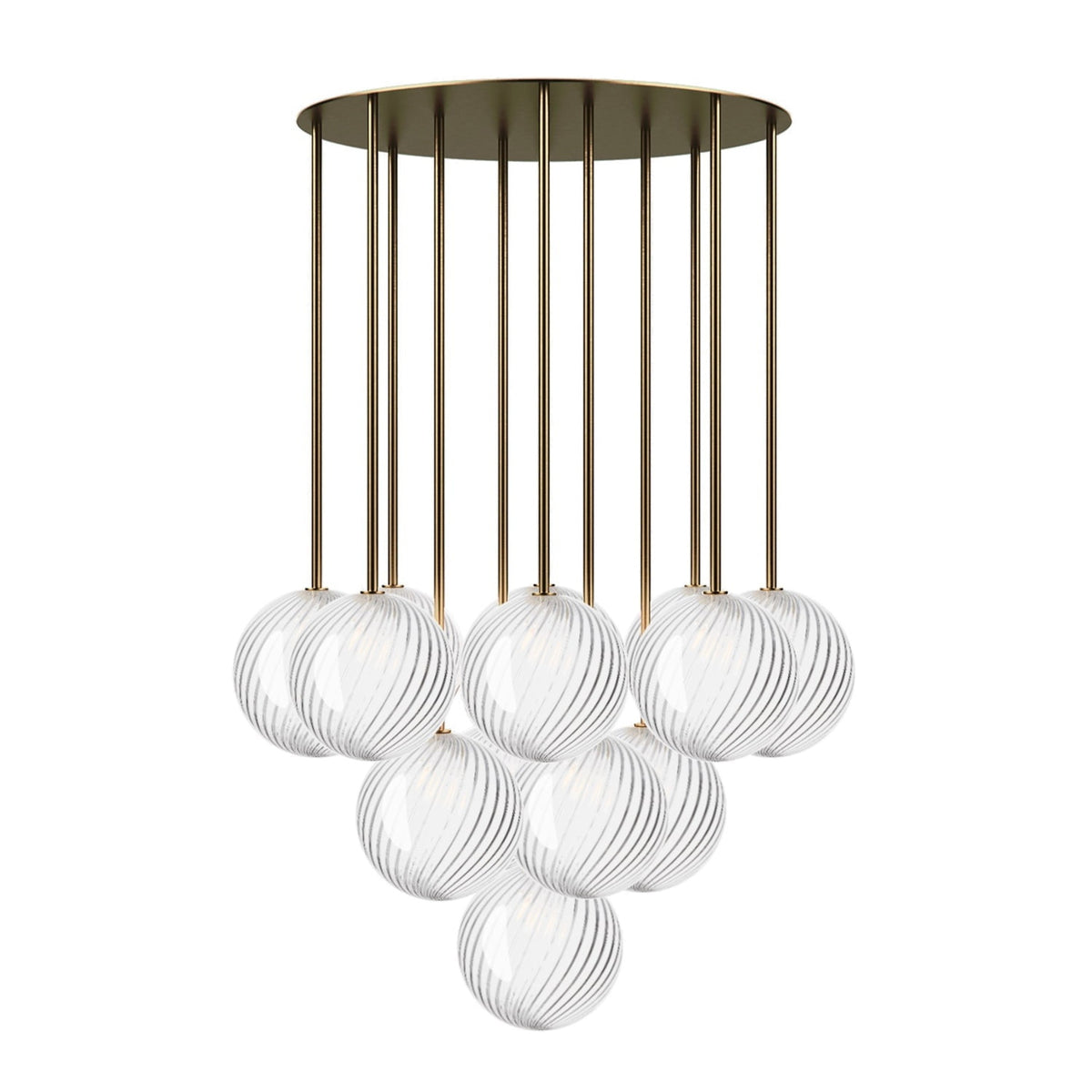 Leverint Pimlico Cascade Sealed Cluster 13 Way Rod, studio shot on white of a cluster of twisted clear glass globes at staggered heights on brass toned rods hanging from a round ceiling plate
