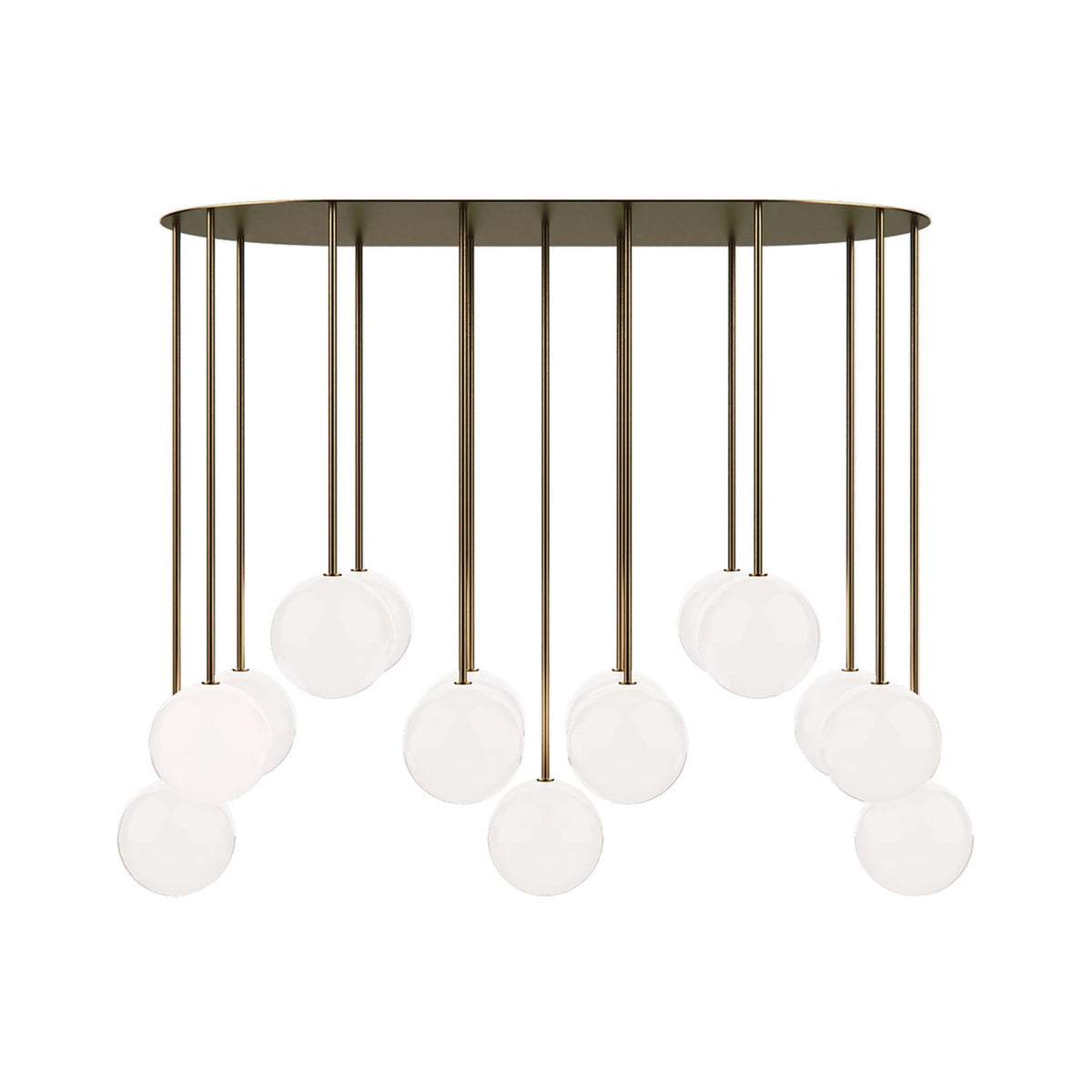Leverint Pimlico Cascade Sealed Cluster 15 Way Rod, studio shot on white of opal white glass globes on long brass toned rods hanging at staggered heights from an elongated ceiling plate