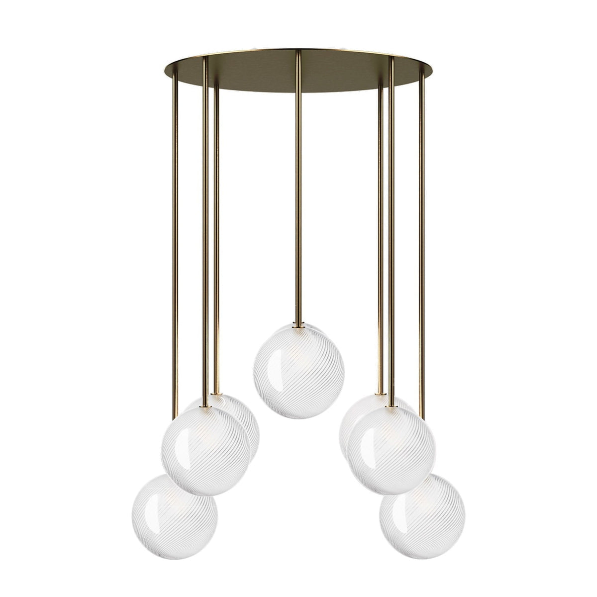 Leverint Pimlico Cascade Sealed Cluster 8 Way Rod, studio shot on white of fine twist clear glass globes on brass toned rods hanging at staggered heights from a round ceiling plate