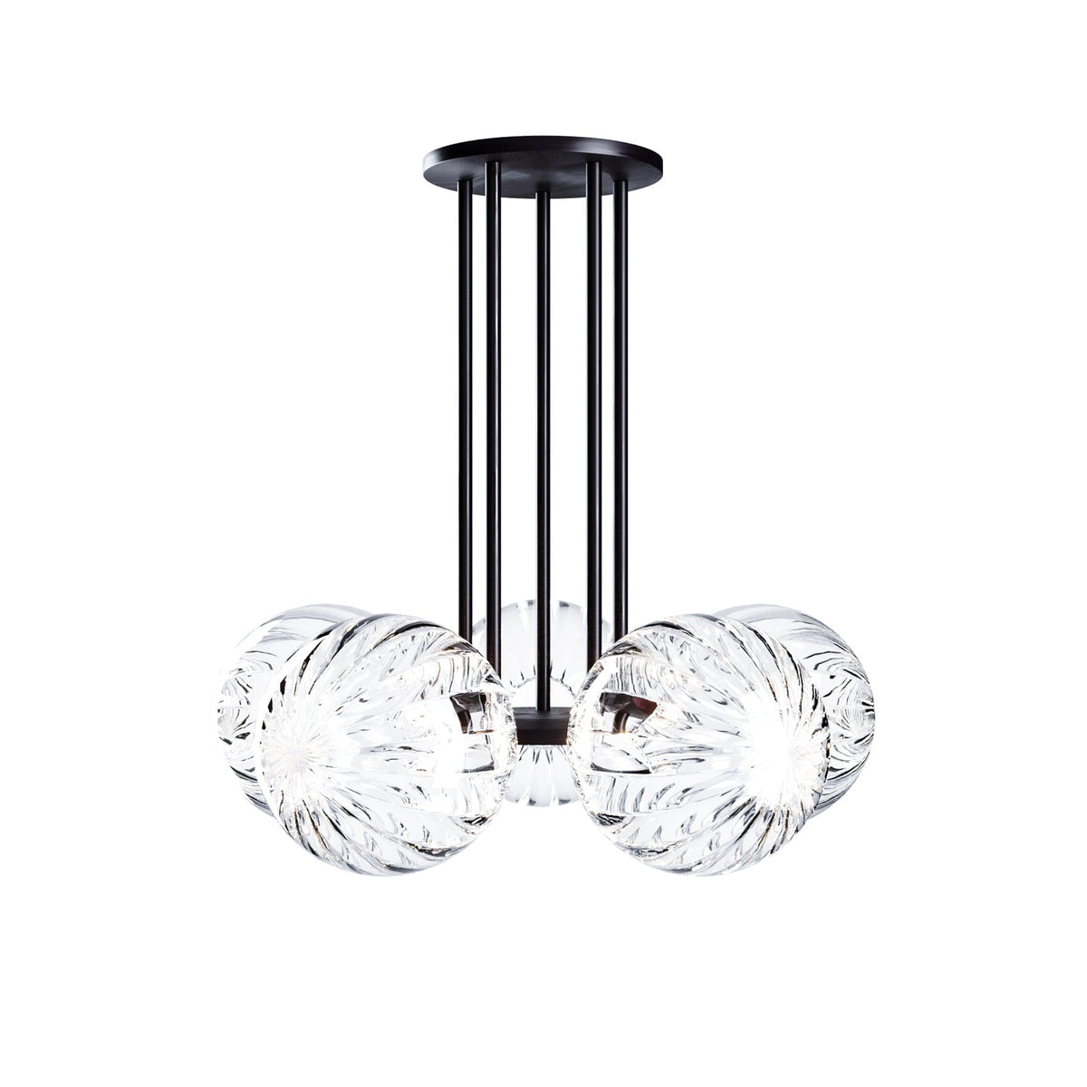 Leverint Pimlico Chandelier 5 Way, five clear patterned glass globes hanging below a round dark ceiling plate on slim dark rods, studio shot on white