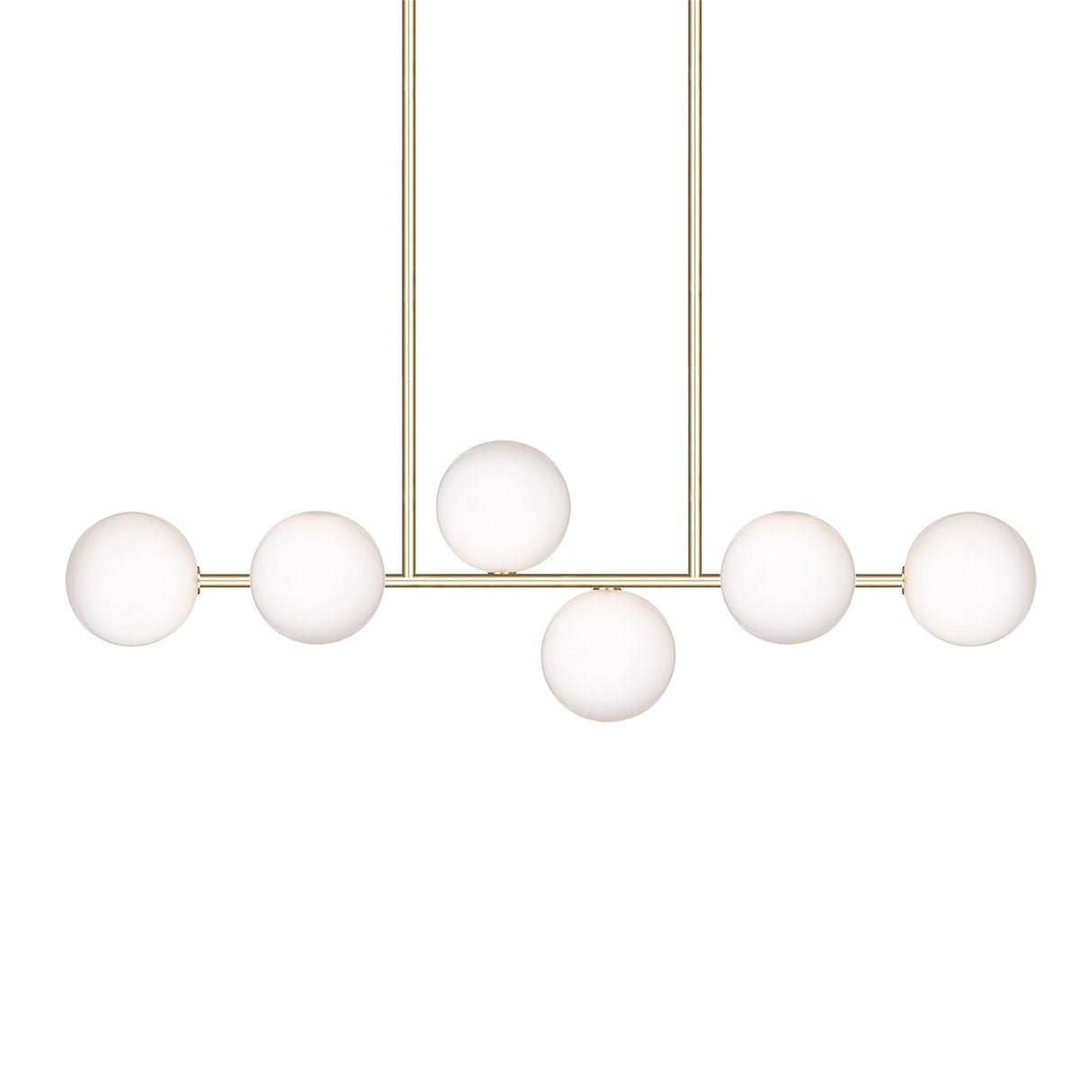 Leverint Pimlico Sealed Rod Pendant 6 Way, studio shot on white of six white glass globes on a brass toned horizontal bar held by two rods, four along the bar with one above and one below