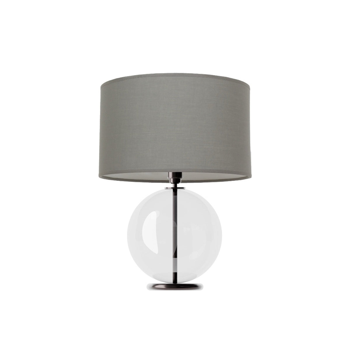 Leverint Pimlico Table Lamp in clear glass with a slim dark metal stem visible through the sphere, studio shot on white with a grey drum shade (not included)