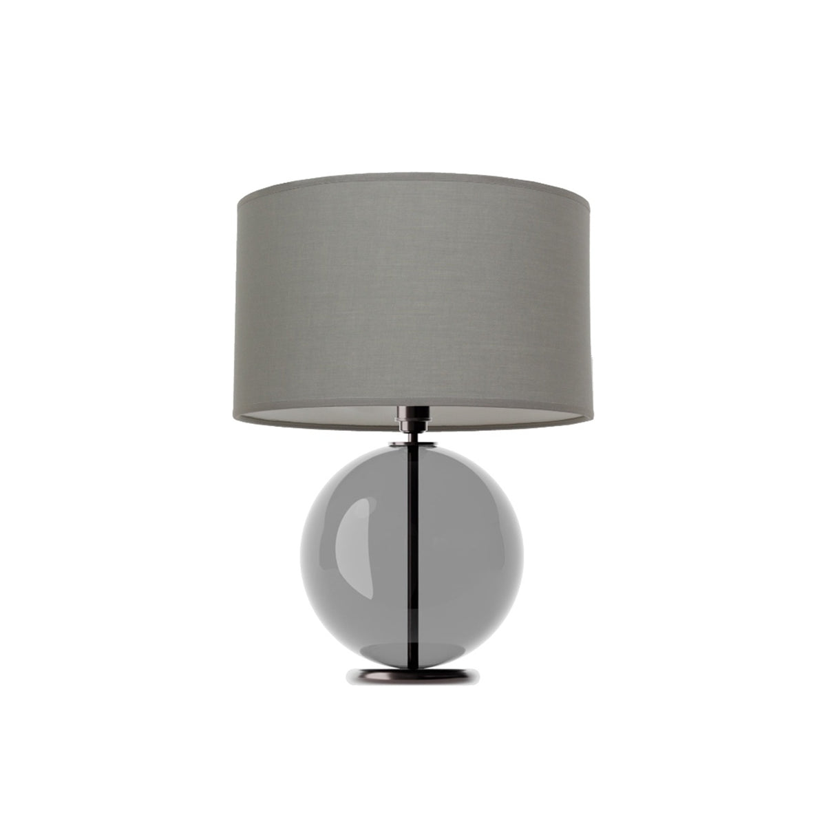 Leverint Pimlico Table Lamp in smoky transparent black glass with a dark metal stem visible through the sphere, studio shot on white with a grey drum shade (not included)