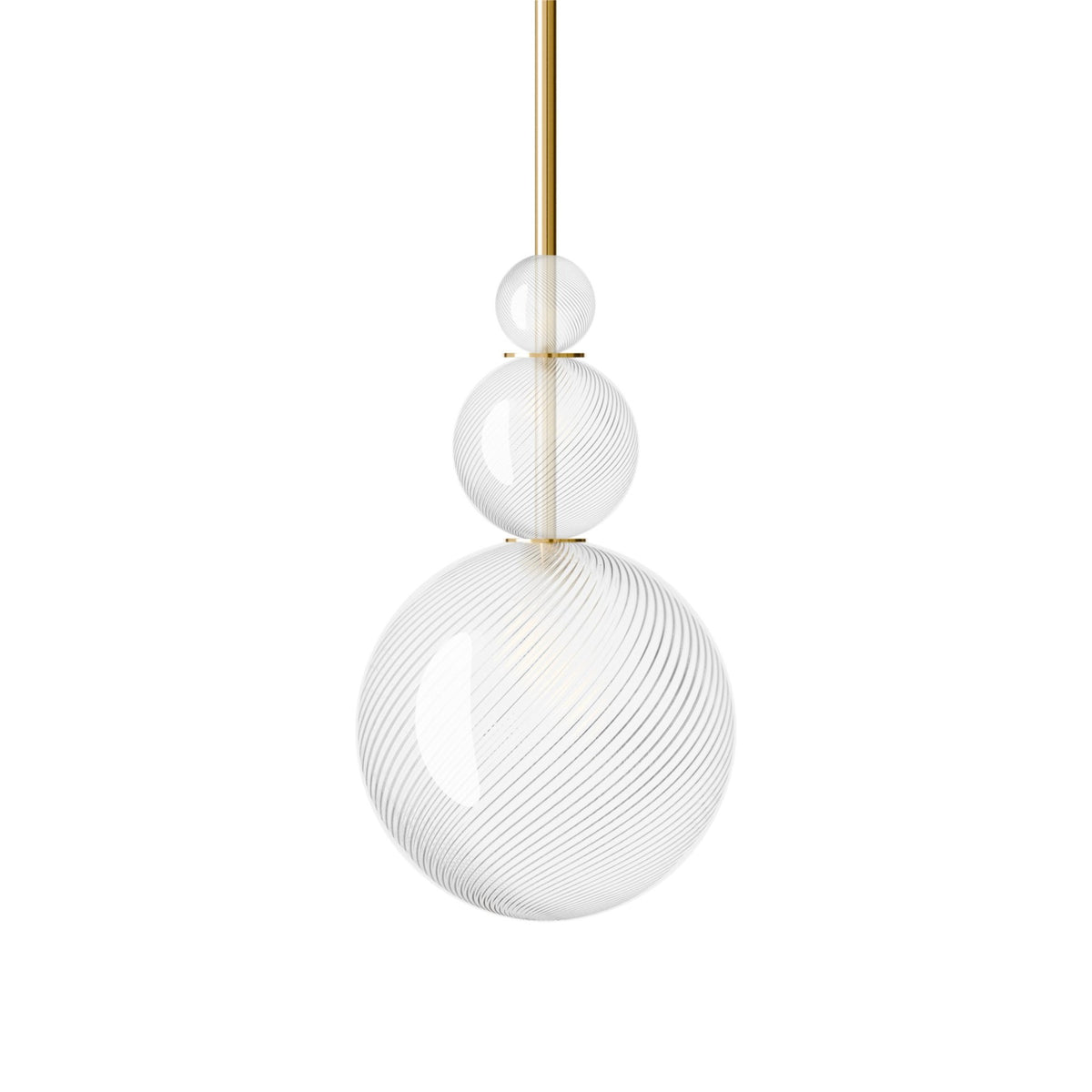 Leverint Pimlico Trio Sealed Rod Pendant with three stacked fine ribbed twist glass spheres with narrow diagonal twisted ribs on a polished brass rod, studio shot on white