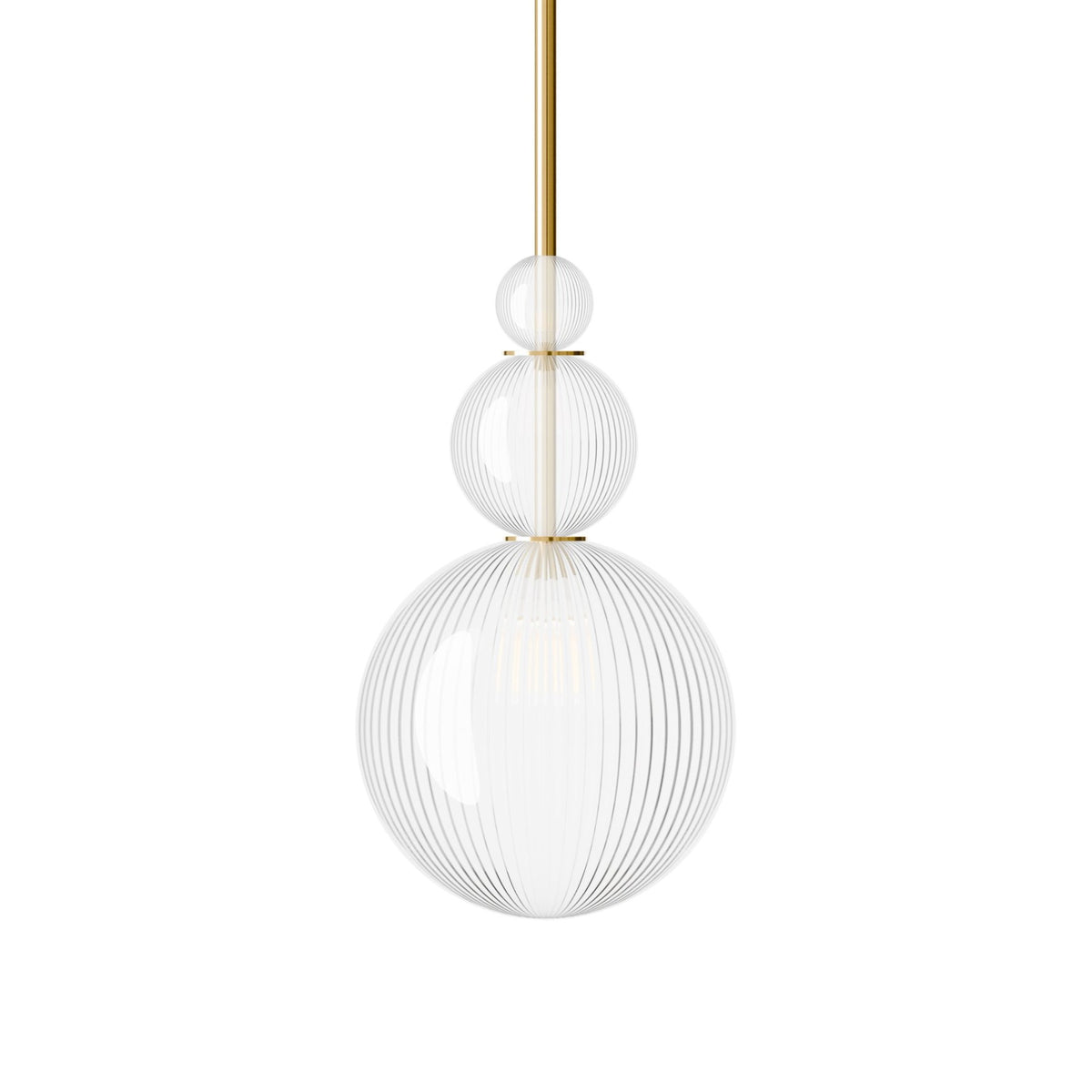 Leverint Pimlico Trio Sealed Rod Pendant with three stacked fine ribbed glass spheres of graduated size on a polished brass rod, studio shot on white