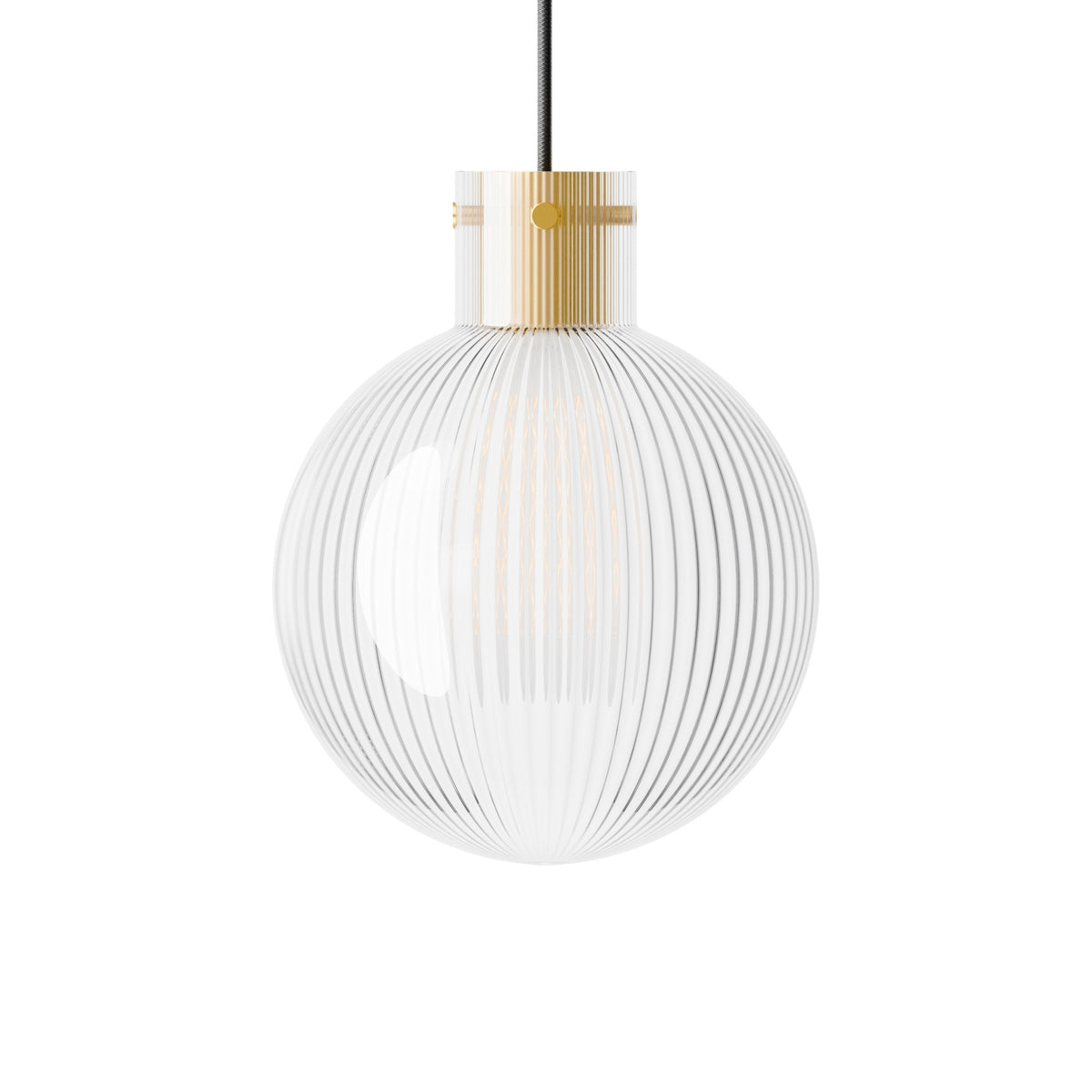 Leverint Pimlico V2 pendant in fine ribbed glass with close set vertical ribbing and a brass toned collar, studio shot on white