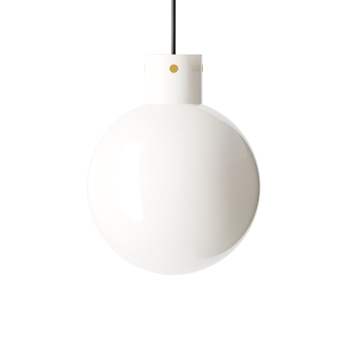 Leverint Pimlico V2 pendant in opaque white glass with small brass pins at the neck, studio shot on white