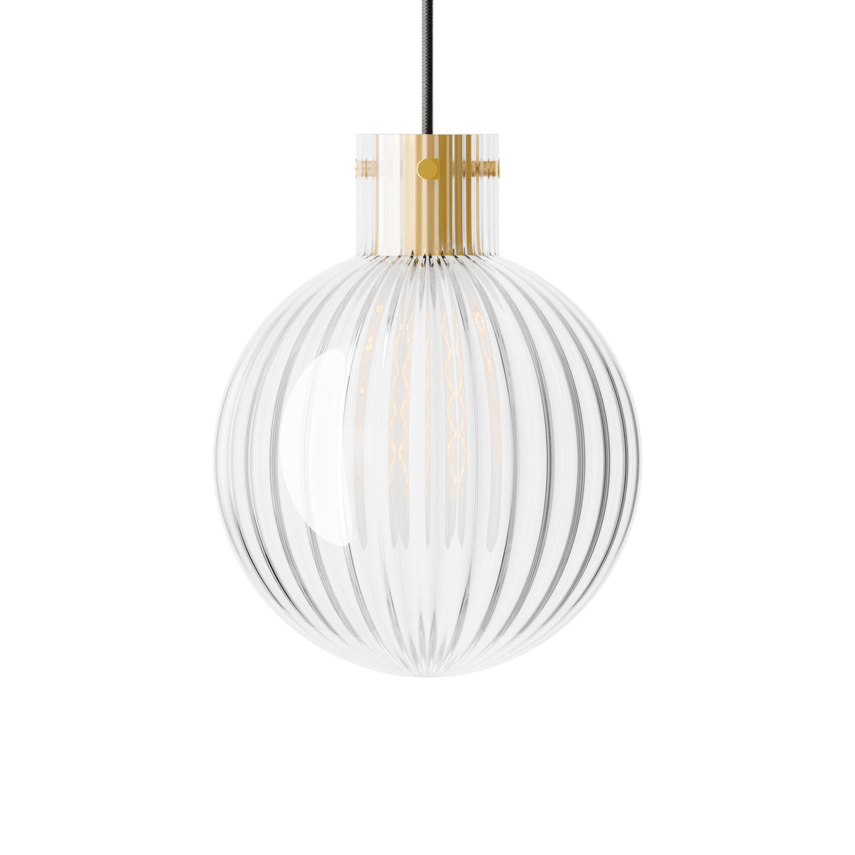 Leverint Pimlico V2 pendant, a round ribbed glass globe with a short neck, brass toned collar and dark fabric flex, studio shot on white