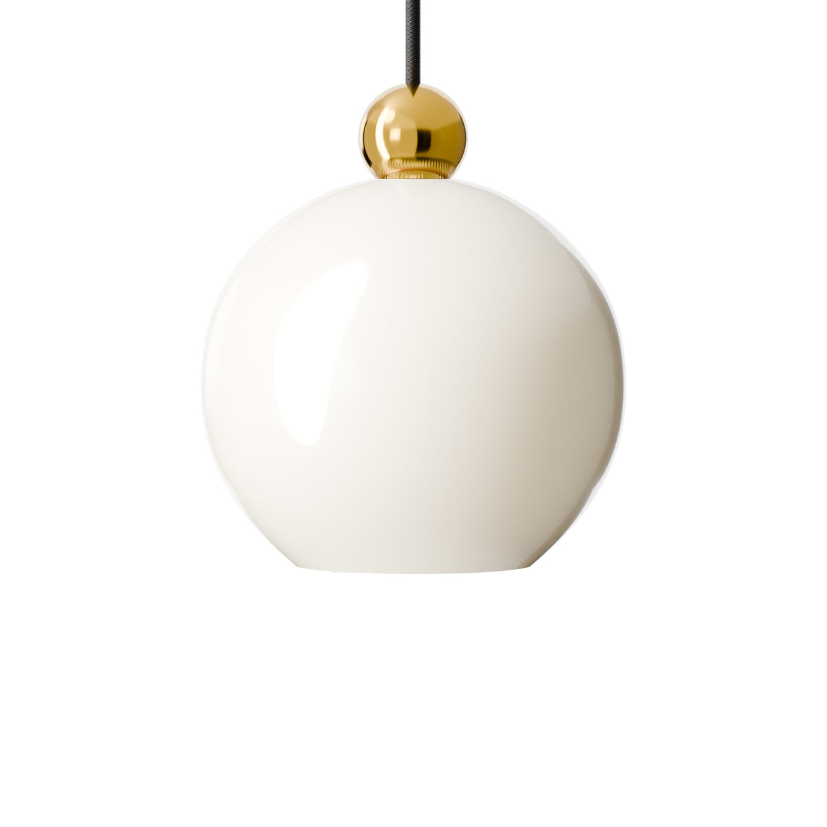 Leverint Pimlico V3 pendant in glossy opaque white glass under a polished brass toned ball, studio shot on white