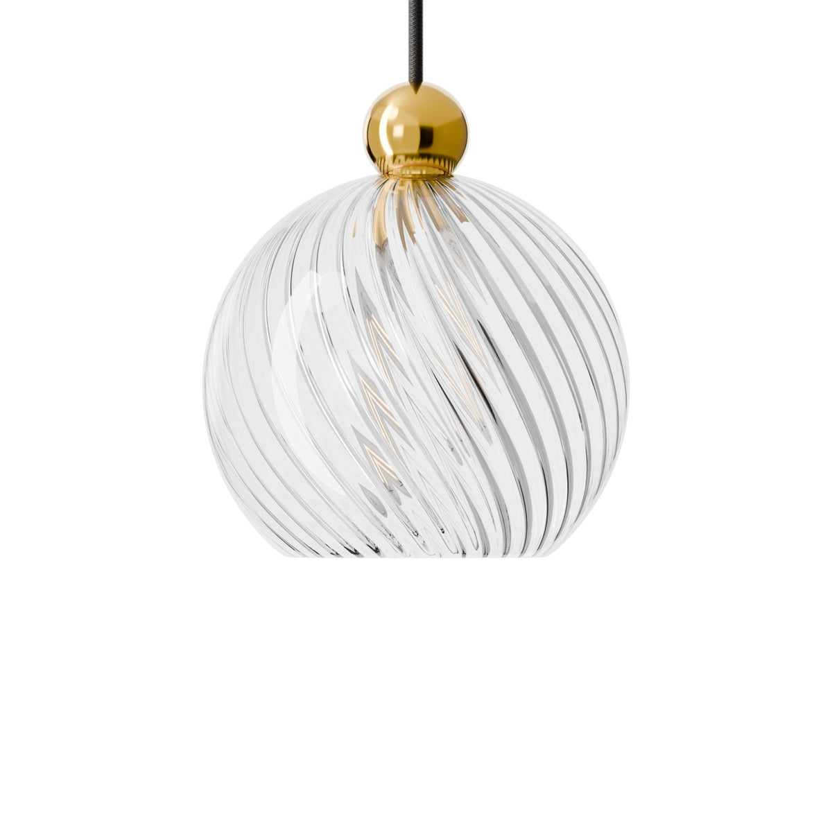 Leverint Pimlico V3 pendant in ribbed twist glass with broad diagonal twisted ribs under a polished brass toned ball, studio shot on white