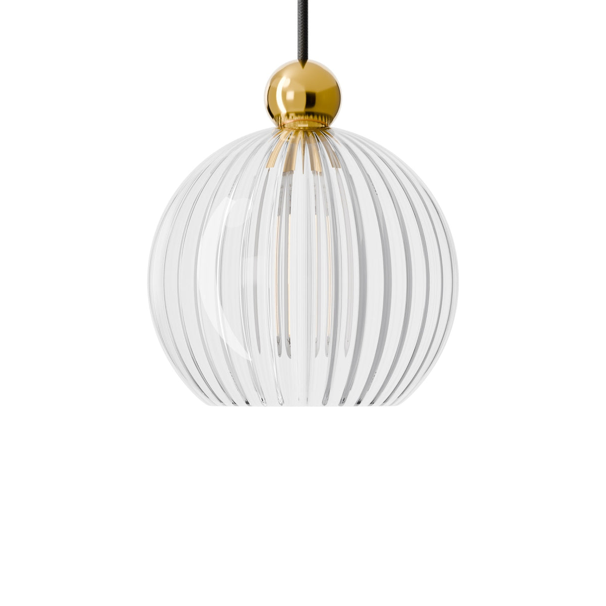 Leverint Pimlico V3 pendant in ribbed glass, a rounded shade with broad vertical ribs under a polished brass toned ball, studio shot on white